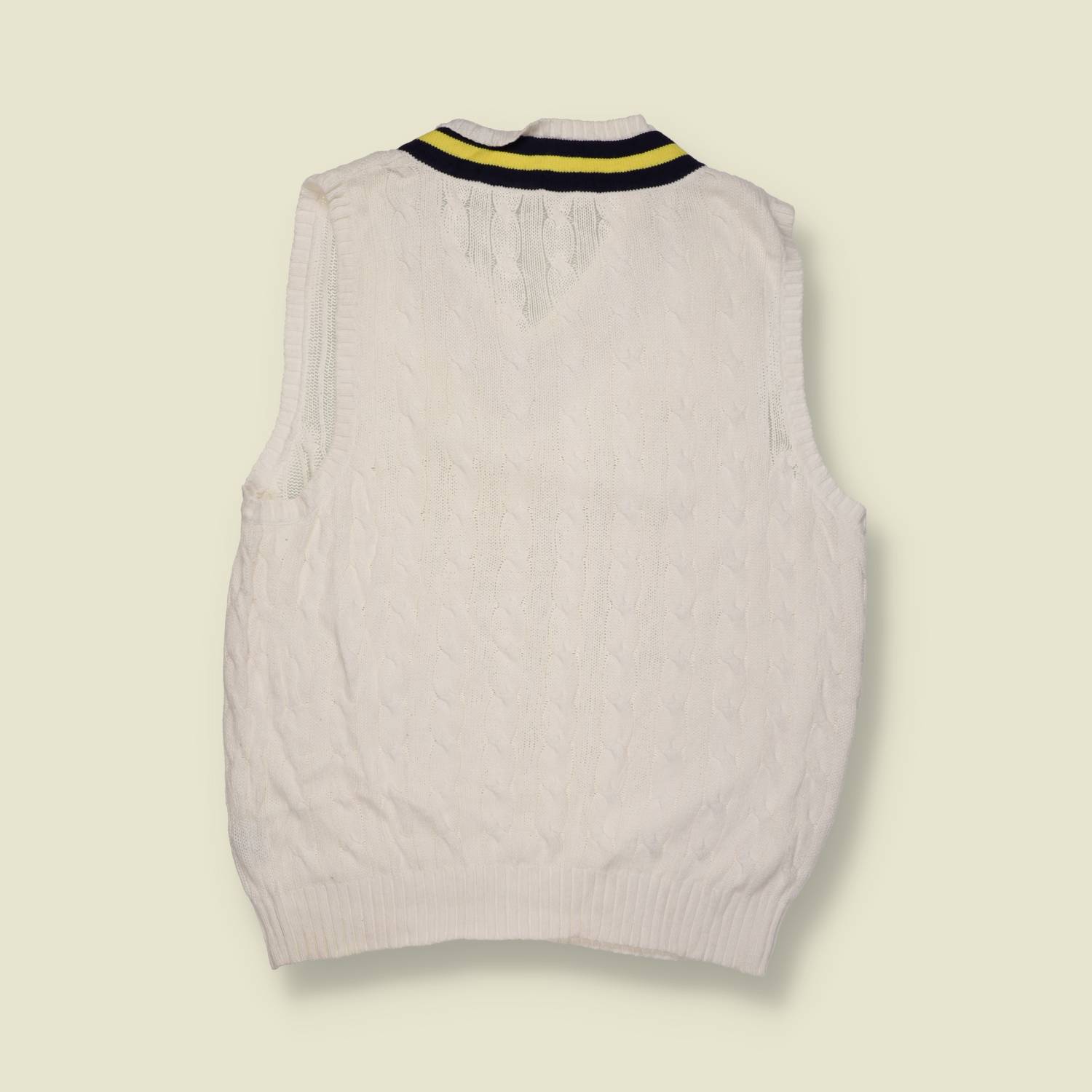 1990s | Cricket Knit Tank | Cream With Navy And Yellow Trim – M