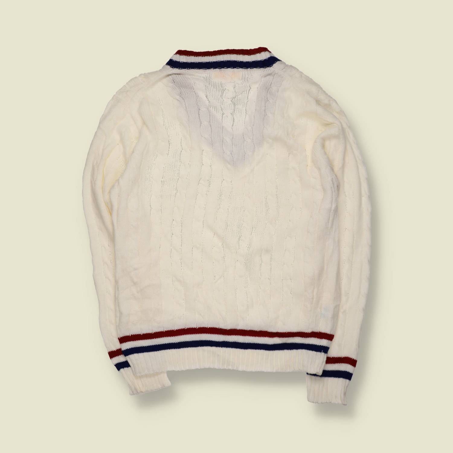 1970s | Lespoir | Cricket Jumper | Cream With Red And Navy Stripe Trim – S
