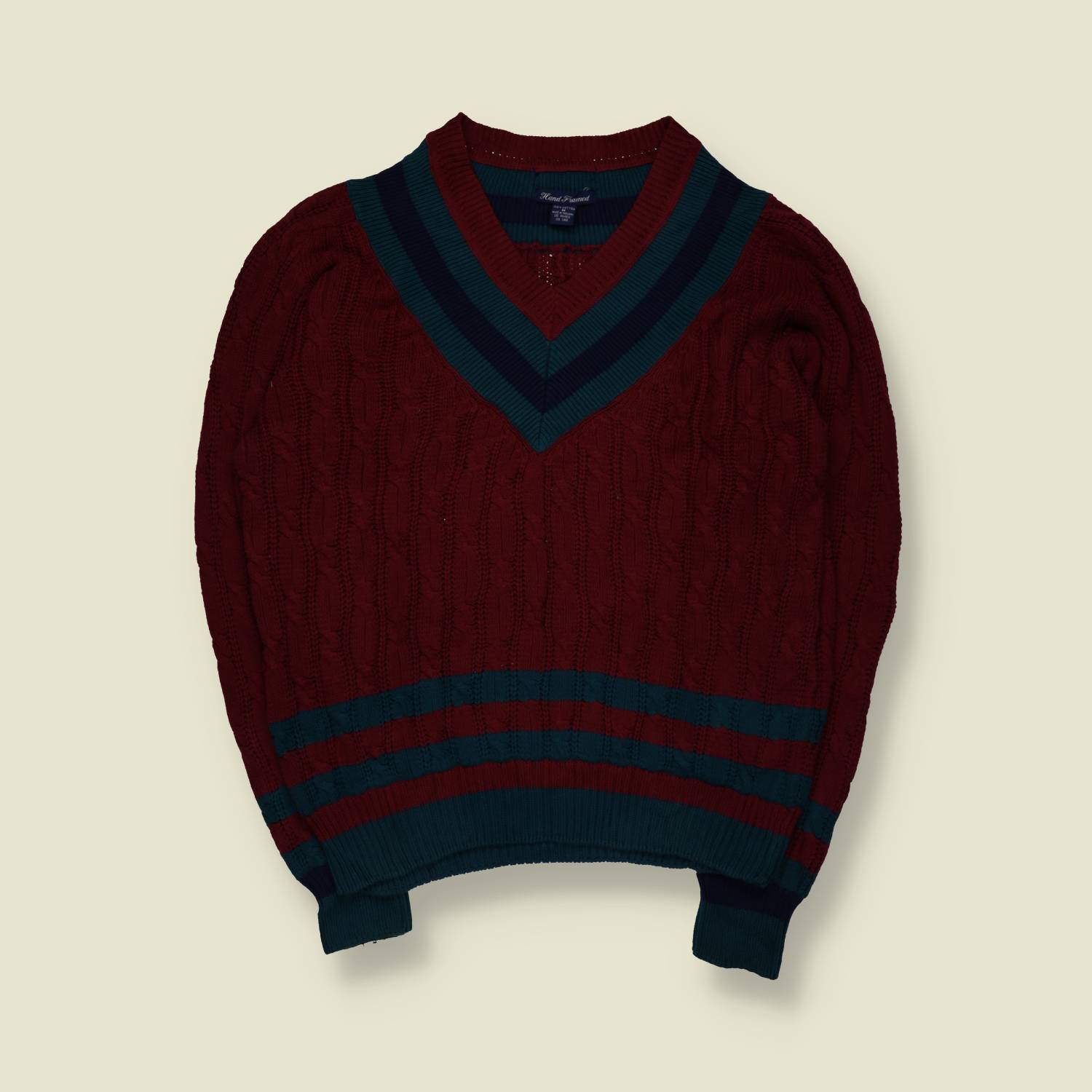 1980s–1990s | Hand Framed | Cricket Jumper | Burgundy With Teal And Navy Trim – XL