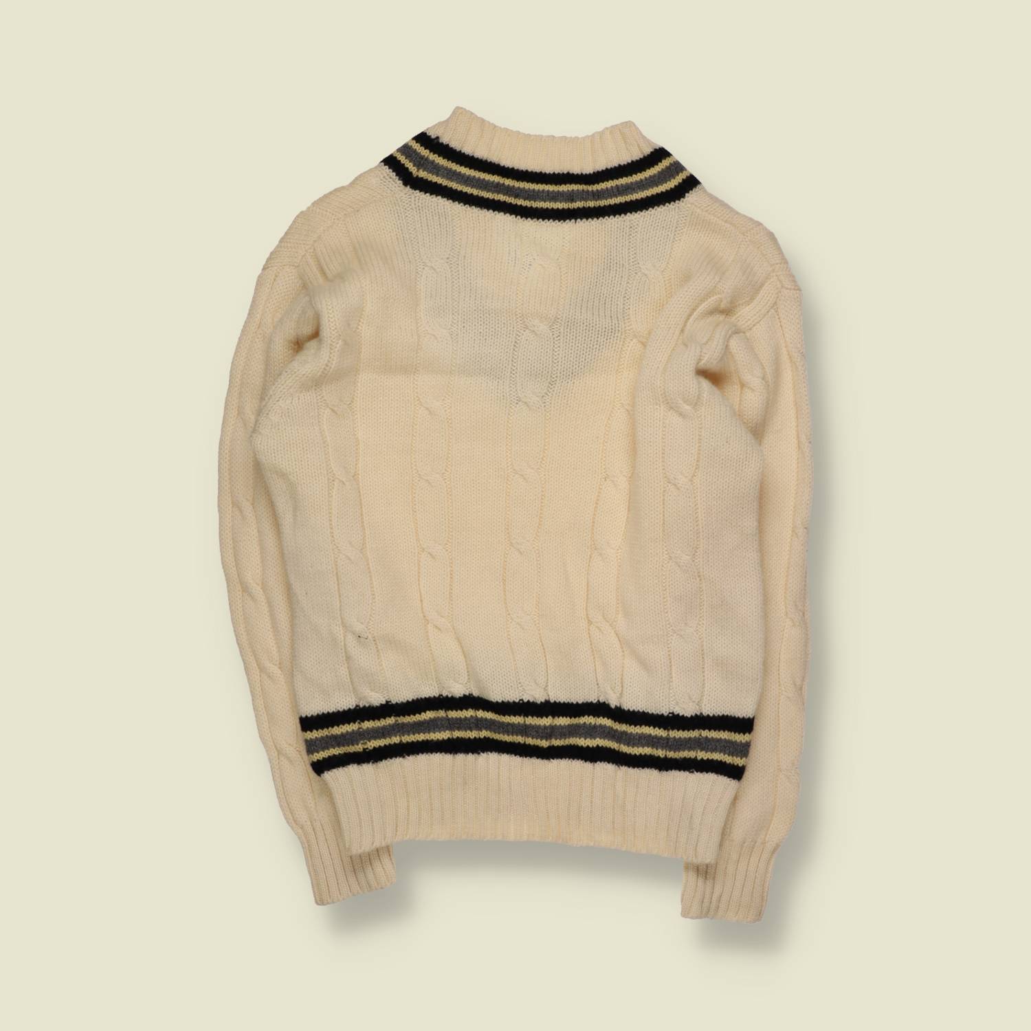 1990s | At Ease | Cricket Jumper | Cream With Black And Gold Stripe Trim – XS