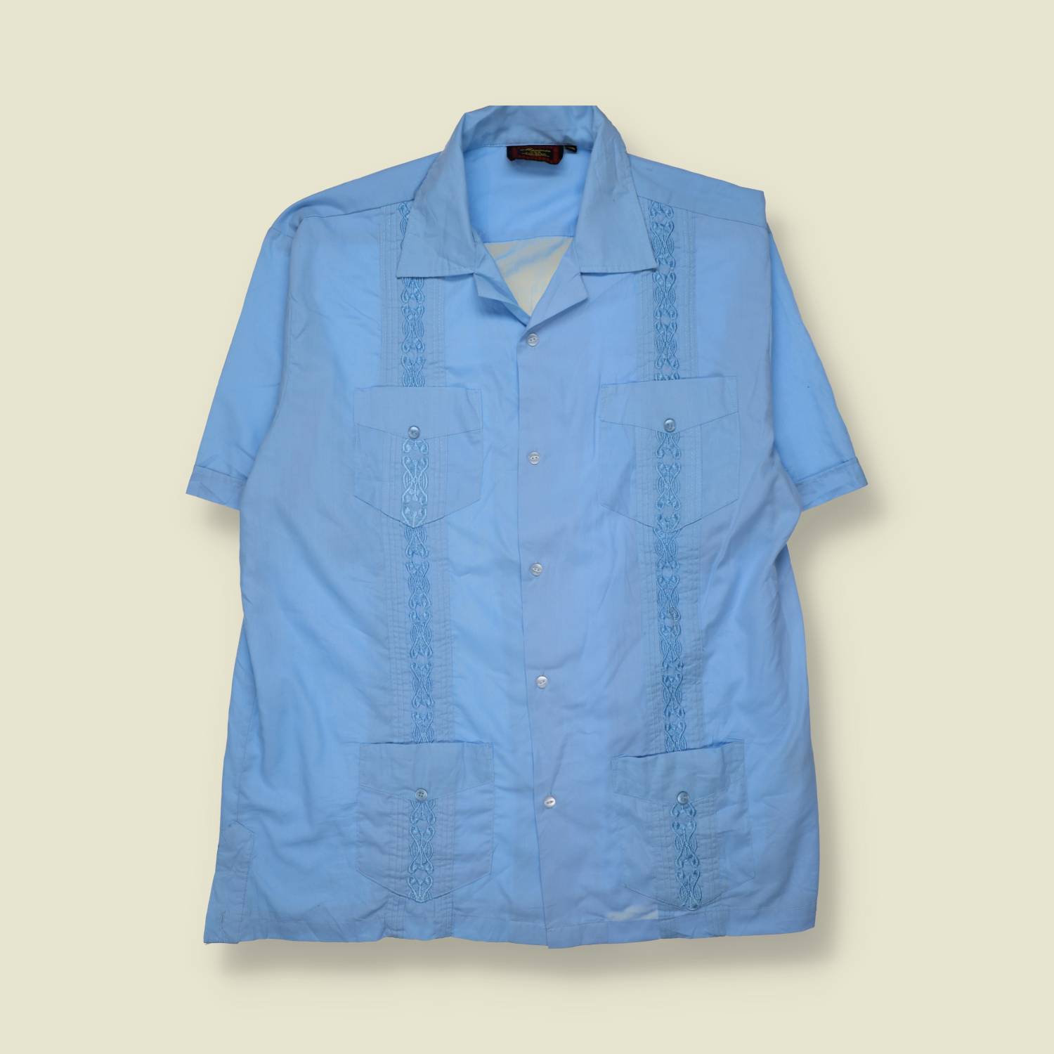 1980s | Maximos | Cuban Guayabera Shirt | Short Sleeve | Light Blue - XL