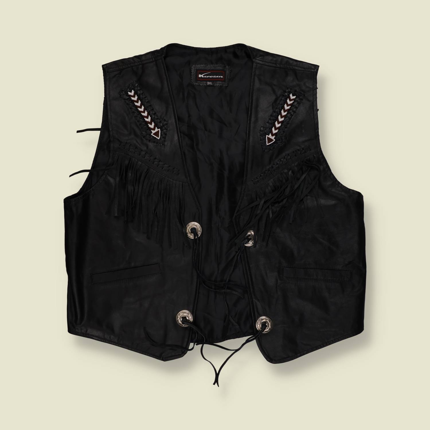 1990s | Kerozen | Leather Western Fringe Gilet | Black - XL