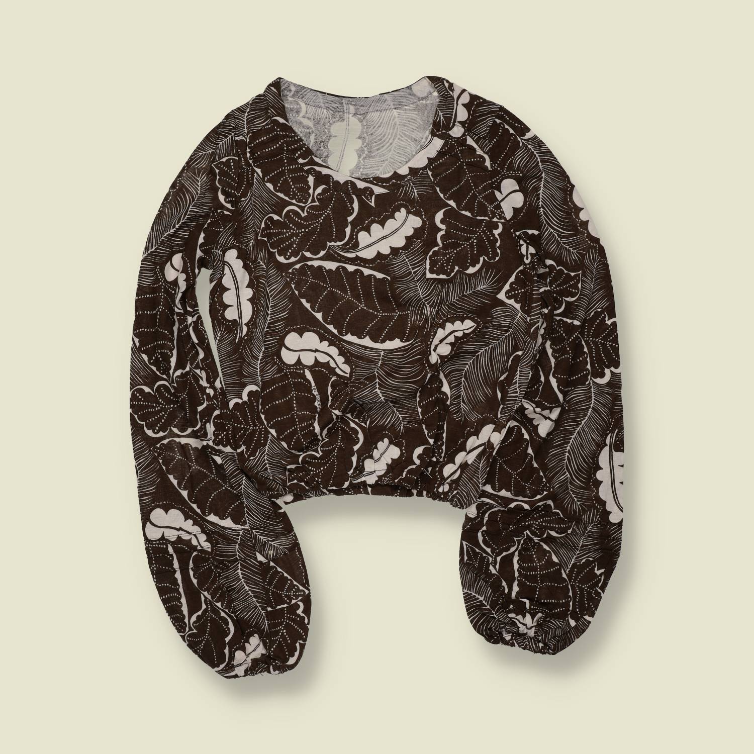 1970s | Deadstock Printed Blouse Top | Brown And White - 8