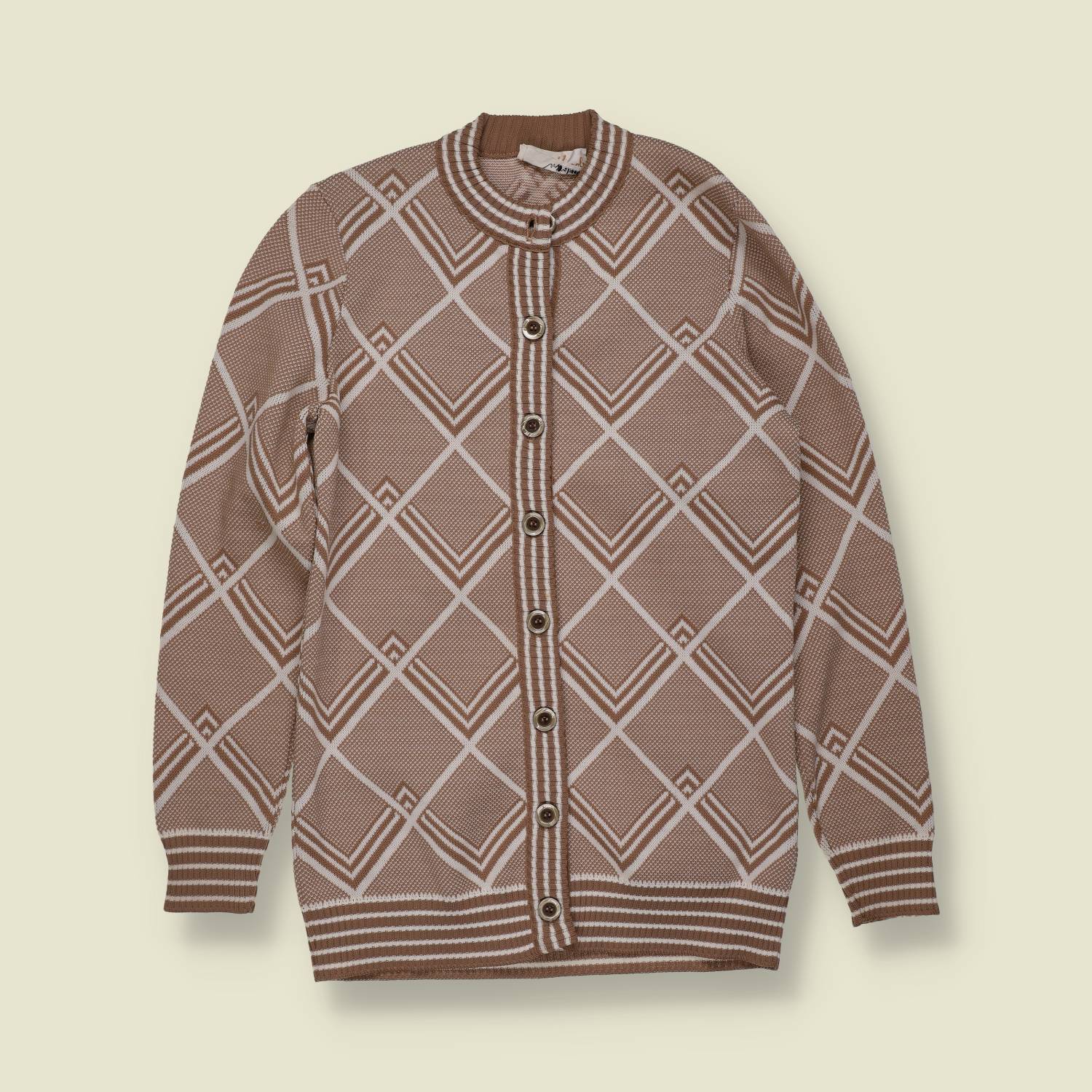 1970s | James Kernob | Geometric Knit Cardigan | Taupe And White - 6