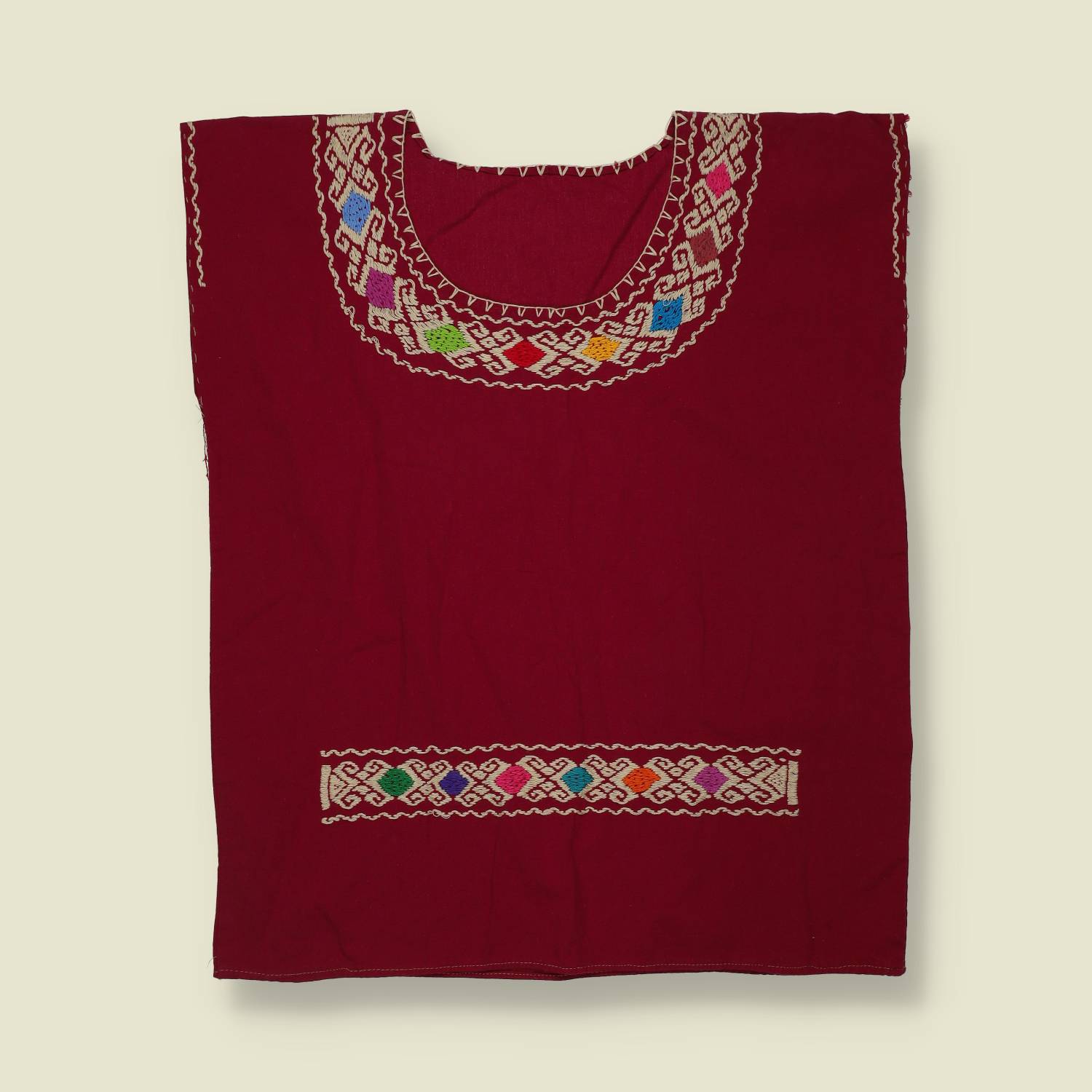 1970s | Hand Made Embroidered Folk Top | Deep Red Multi - One size