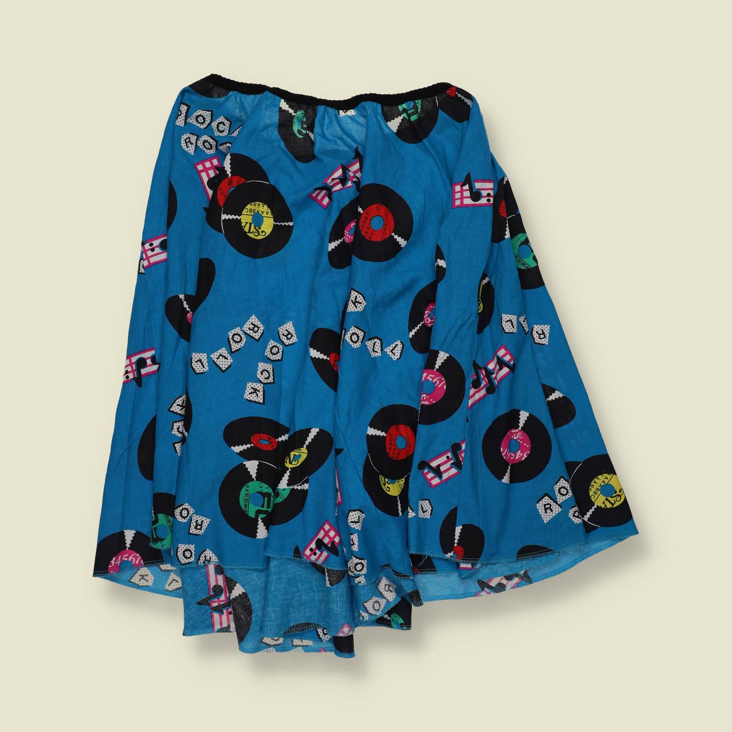 1980s | Novelty Print Half Circle Skirt | Blue Record Print - w32