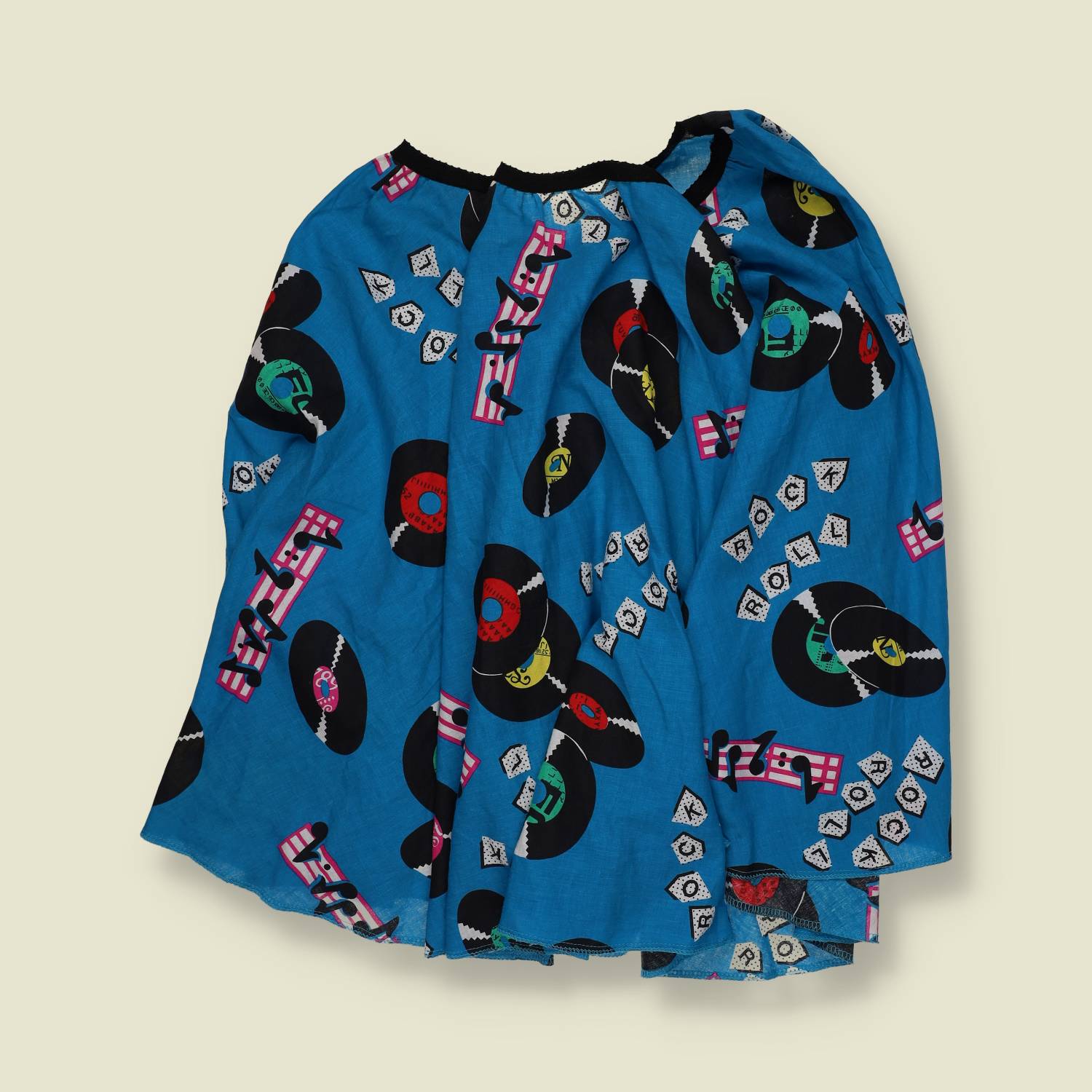 1980s | Novelty Print Half Circle Skirt | Blue Record Print - w32