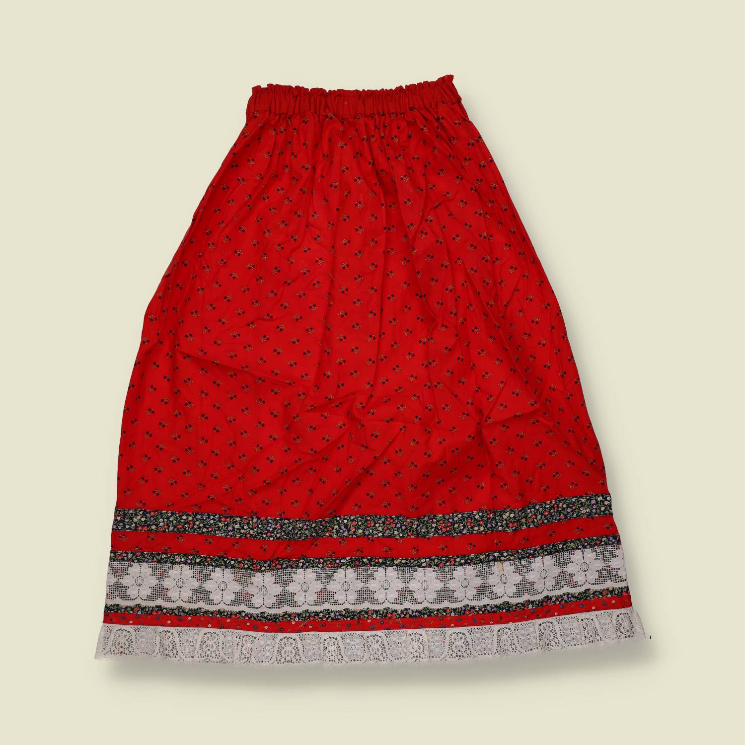 1970s | Prairie Style Skirt | Red Floral Trim - w26