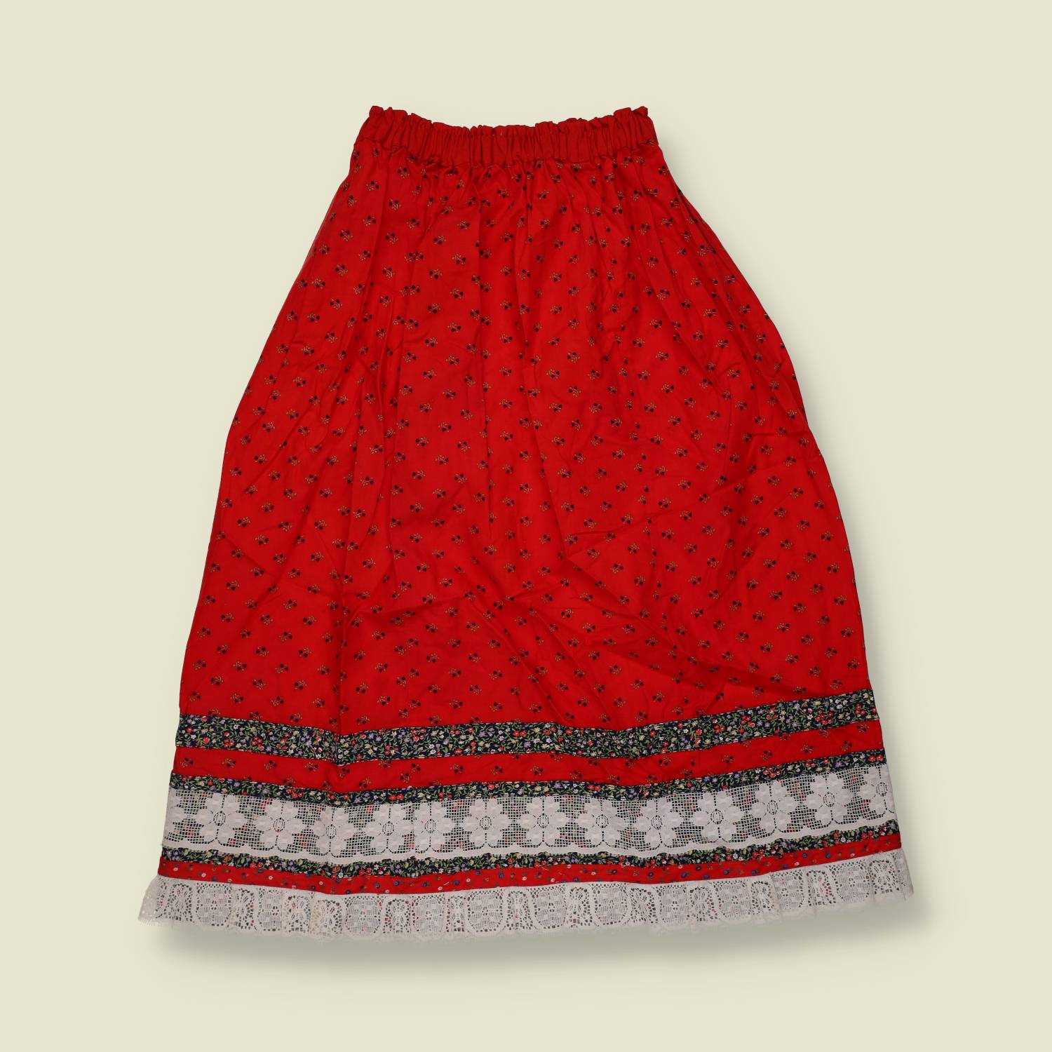 1970s | Prairie Style Skirt | Red Floral Trim - w26