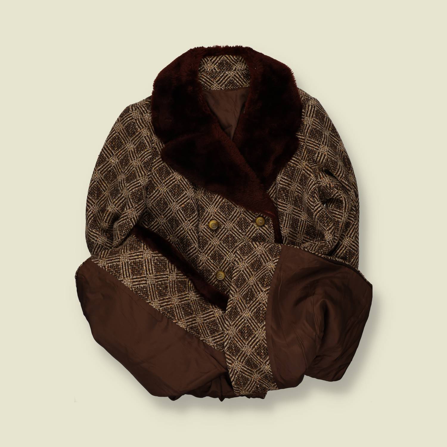 1970s | Faux Fur Collar Coat | Brown Check - 14