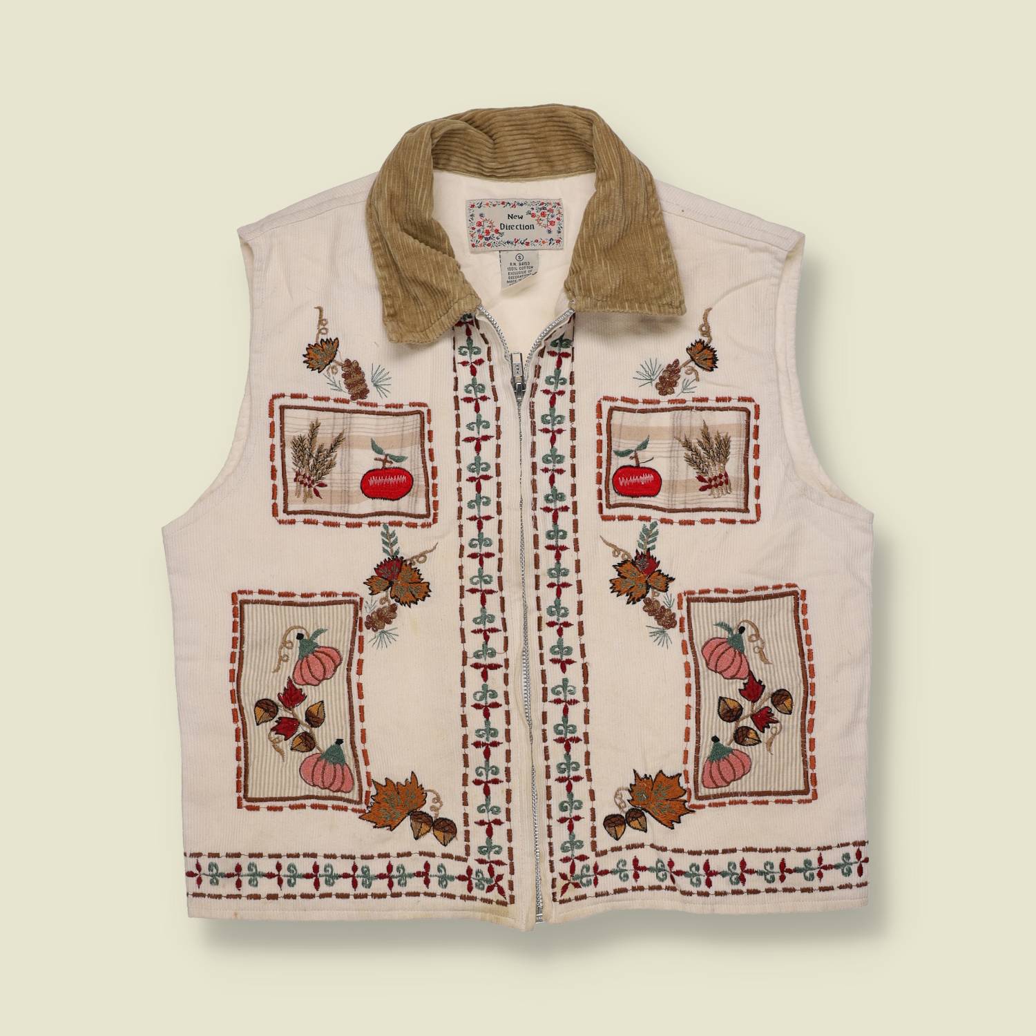 1990s | New Direction Waistcoat | 100% Cotton | Embroidered Autumn Motif - 10