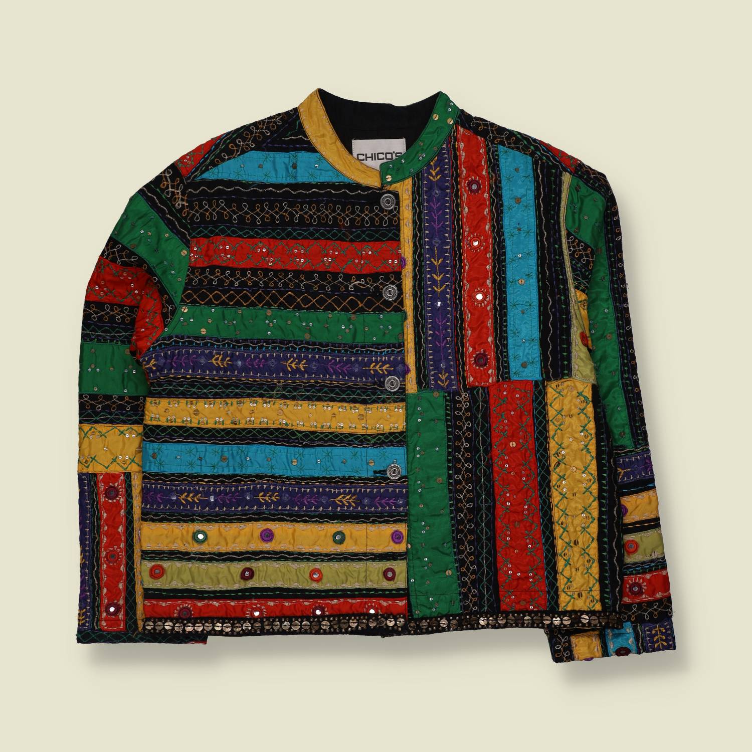 1980s | Chico's Embellished Jacket | 100% Cotton | Multicolour Patchwork - 14