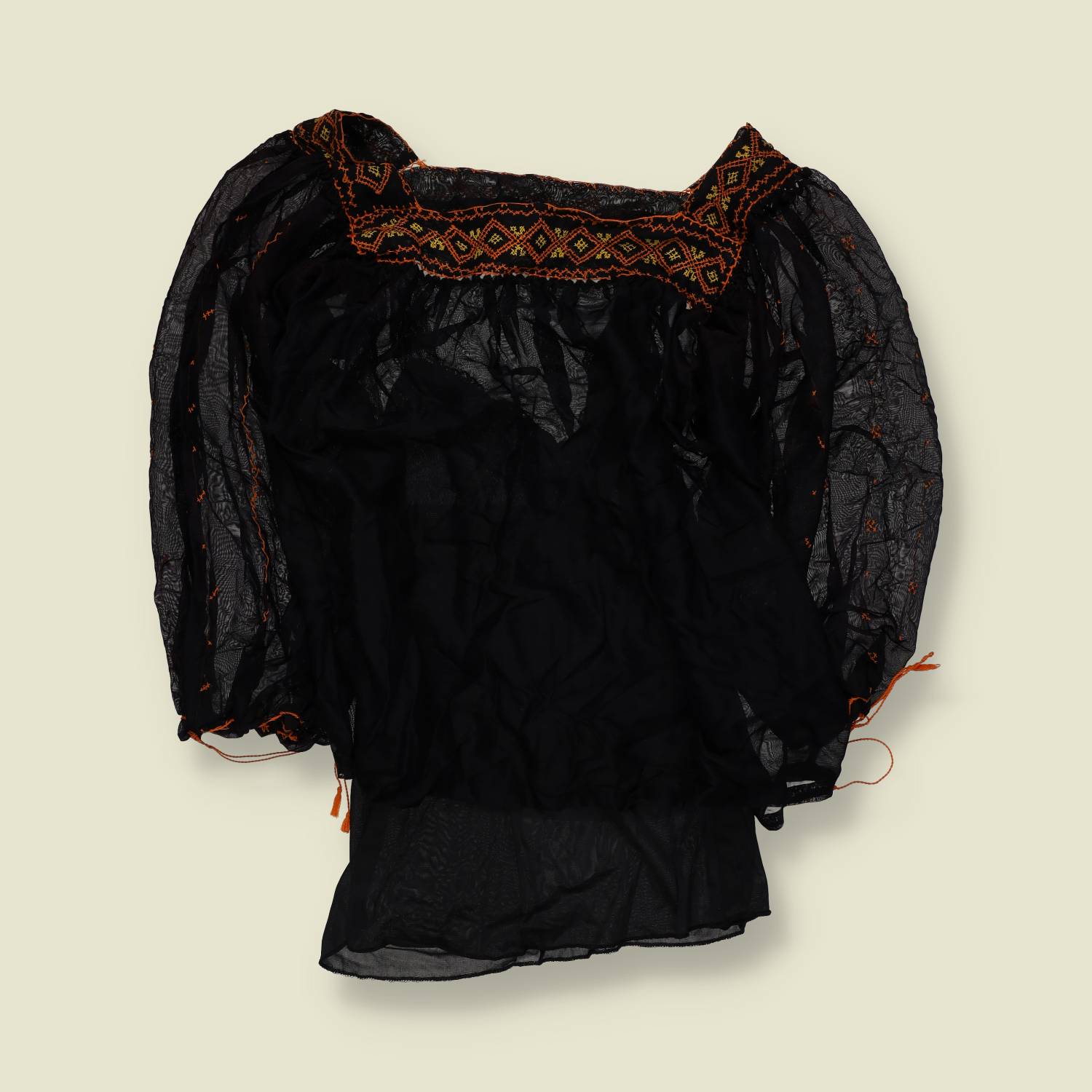 1970s–1980s | Sheer Embroidered Blouse With Attached Underlayer | Black Orange - 10
