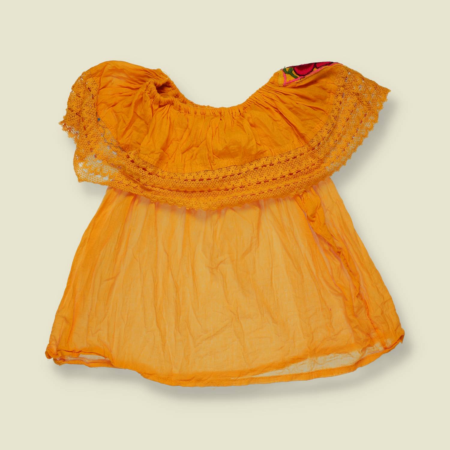 1970s | Embroidered Off-Shoulder Folk Blouse | Golden Yellow Multi - 8