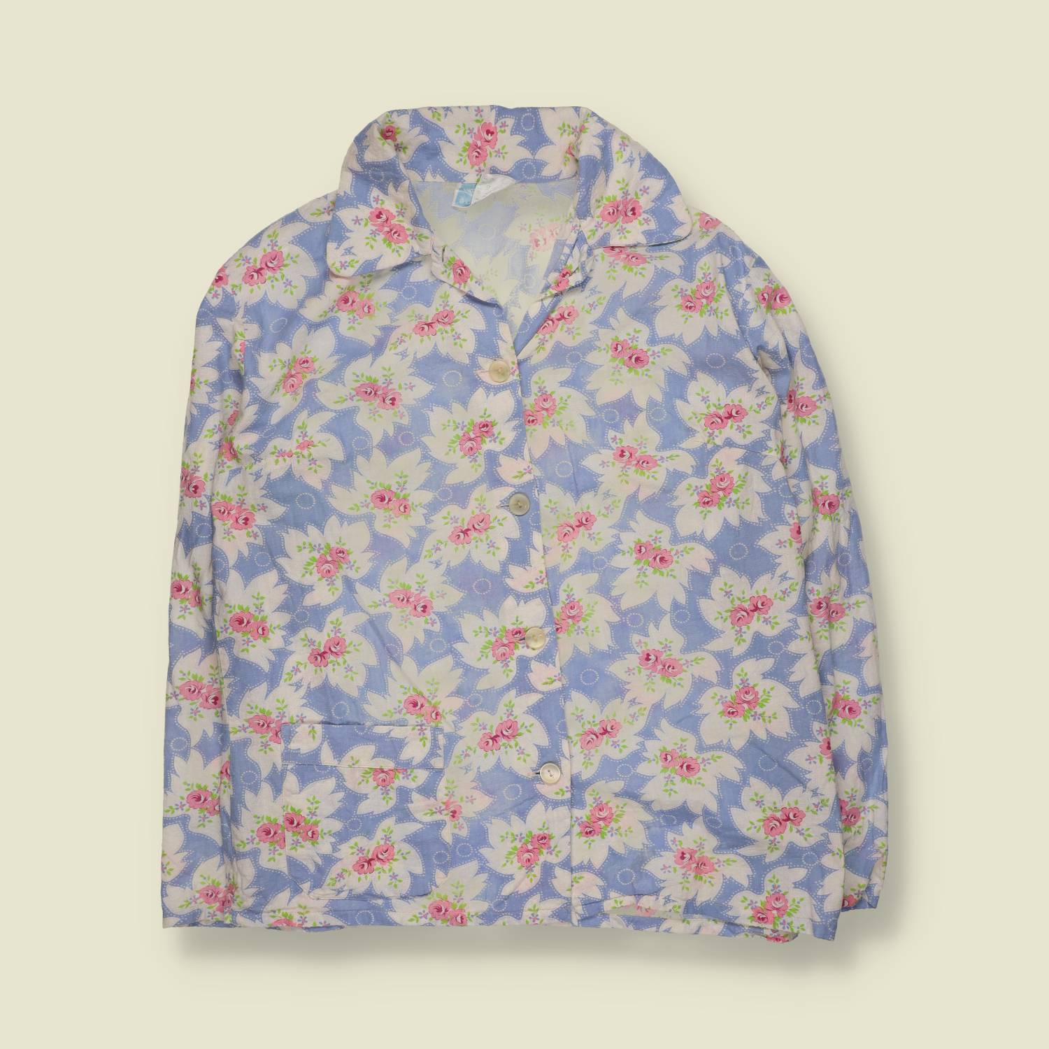 1960s | Floral Print Pyjama Top | Blue Pink White - 16