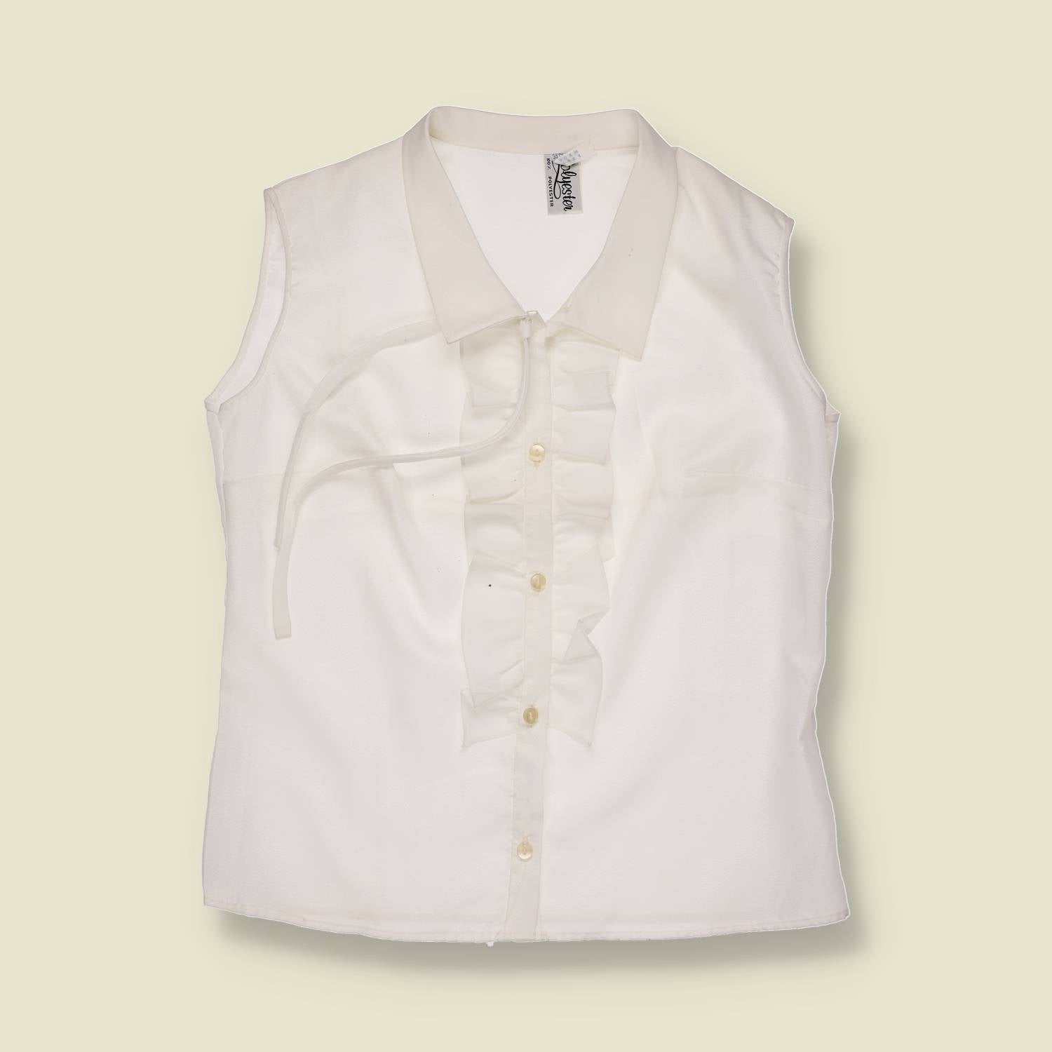 1970s | Sleeveless Ruffle Front Polyester Blouse | White - 10