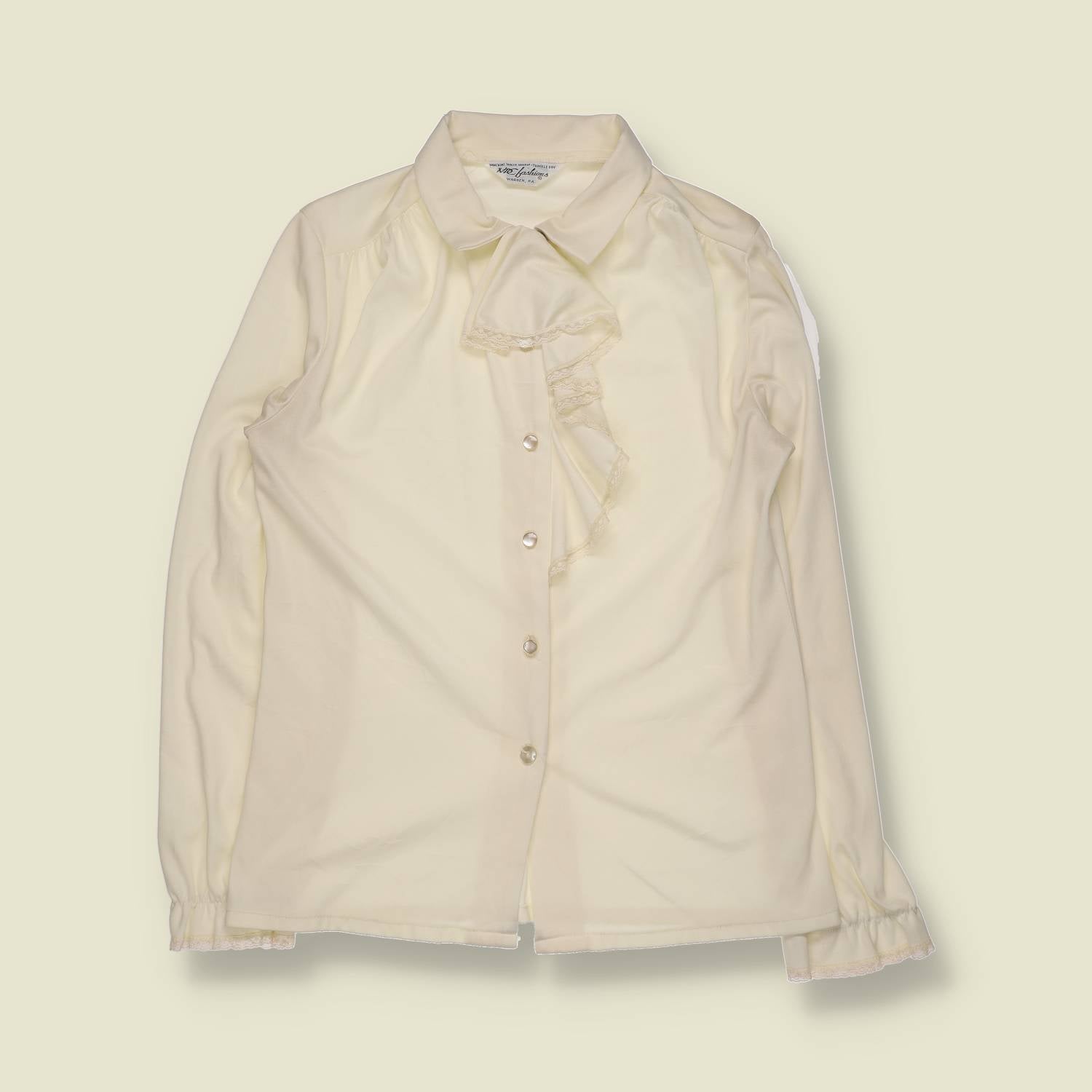 1970s | Ruffle Front Polyester Blouse | Cream - 8