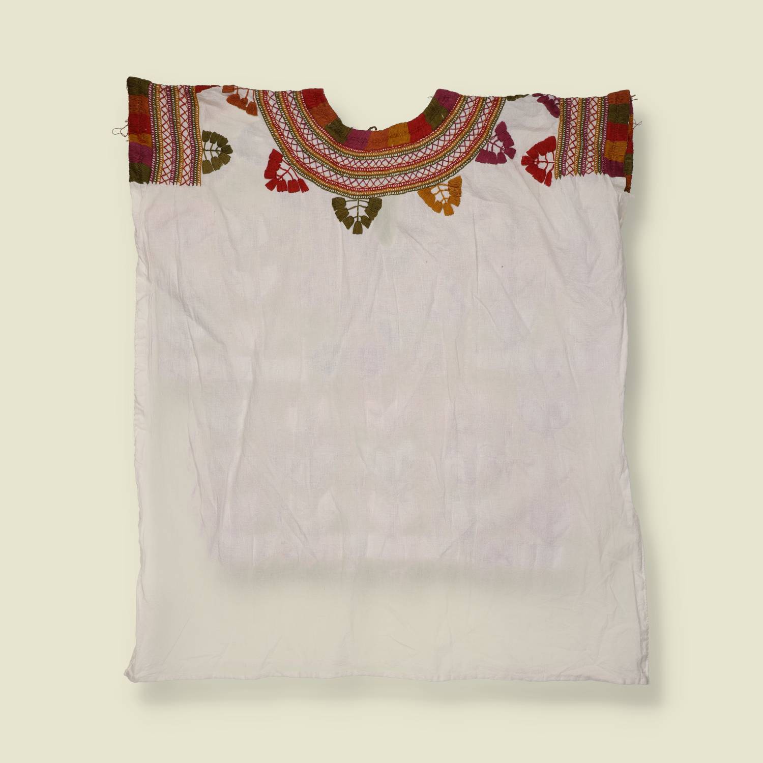 1970s | Hand Made Embroidered Huipil Top | White Multi - One size