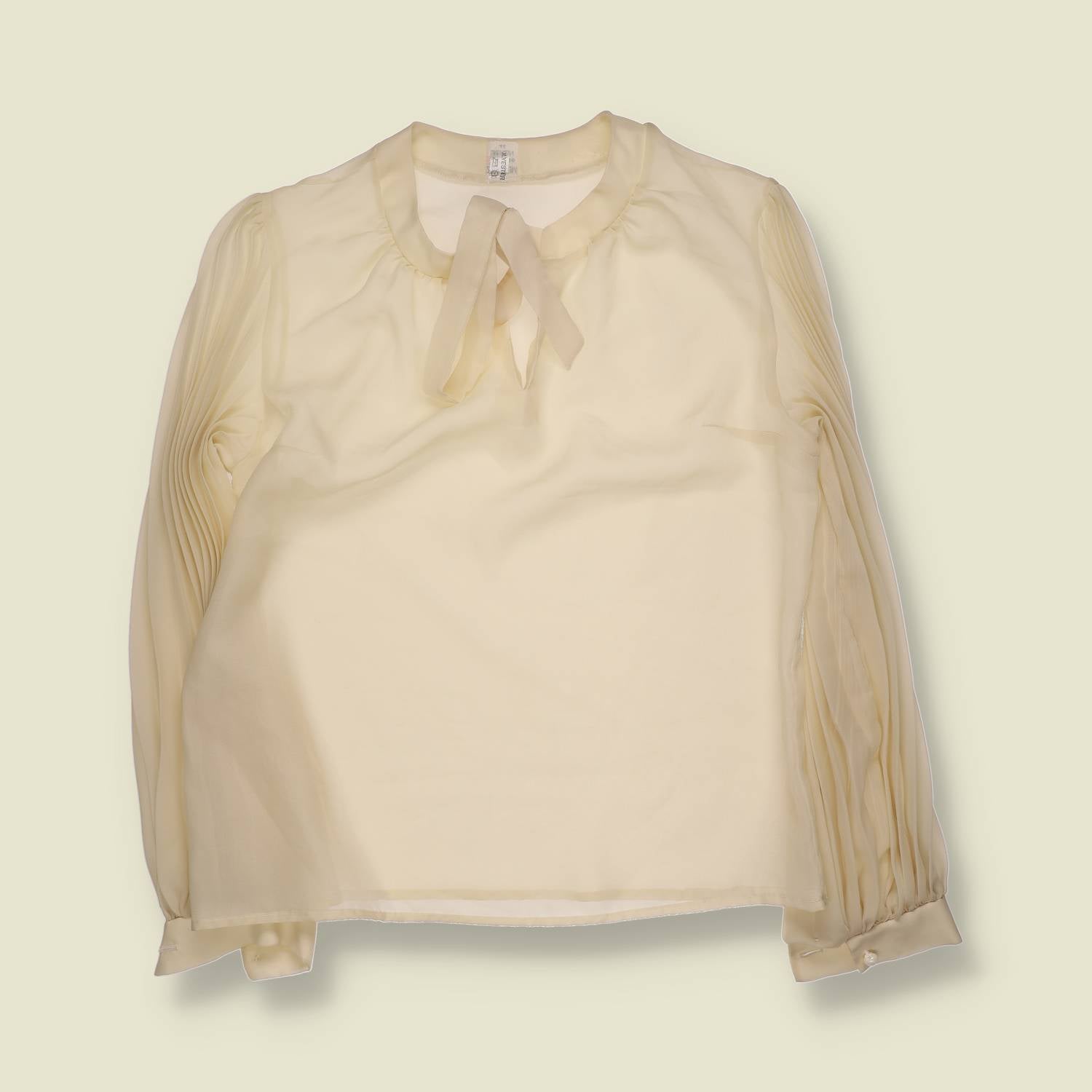 1970s | Sheer Tie Neck Polyester Blouse | Cream - 16