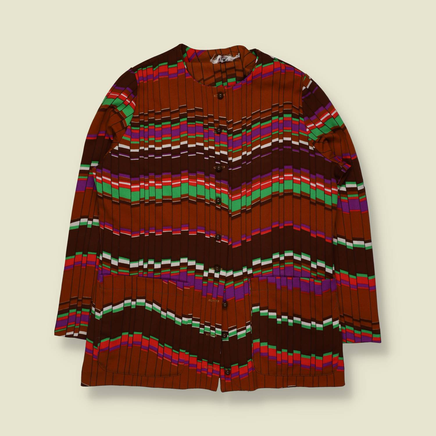 1970s | Striped Polyester Blouse Jacket | Rust Multi - 16