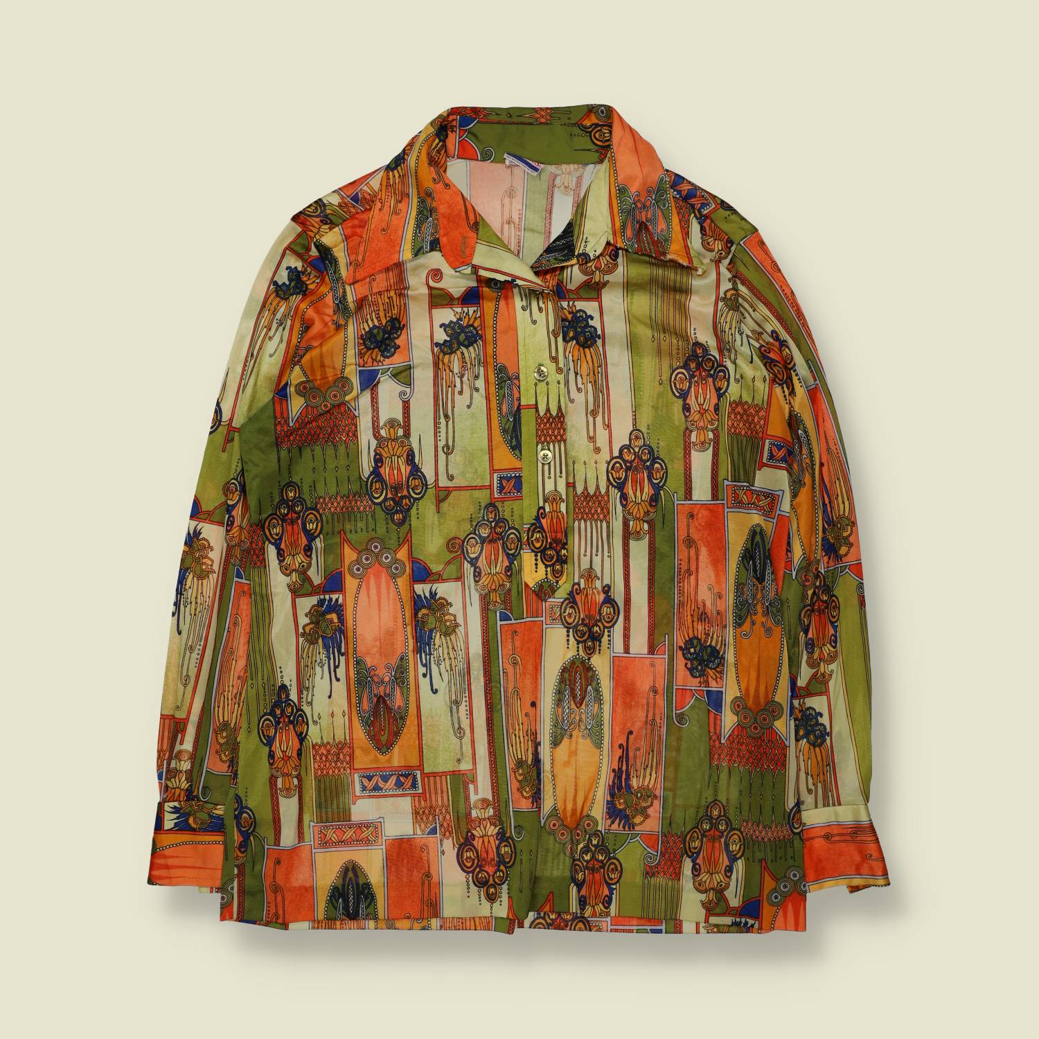 1970s | Art Nouveau Print Polyester Blouse | Olive And Orange Multi - 14