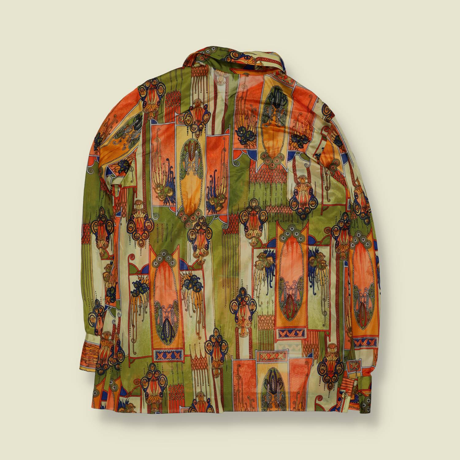 1970s | Art Nouveau Print Polyester Blouse | Olive And Orange Multi - 14