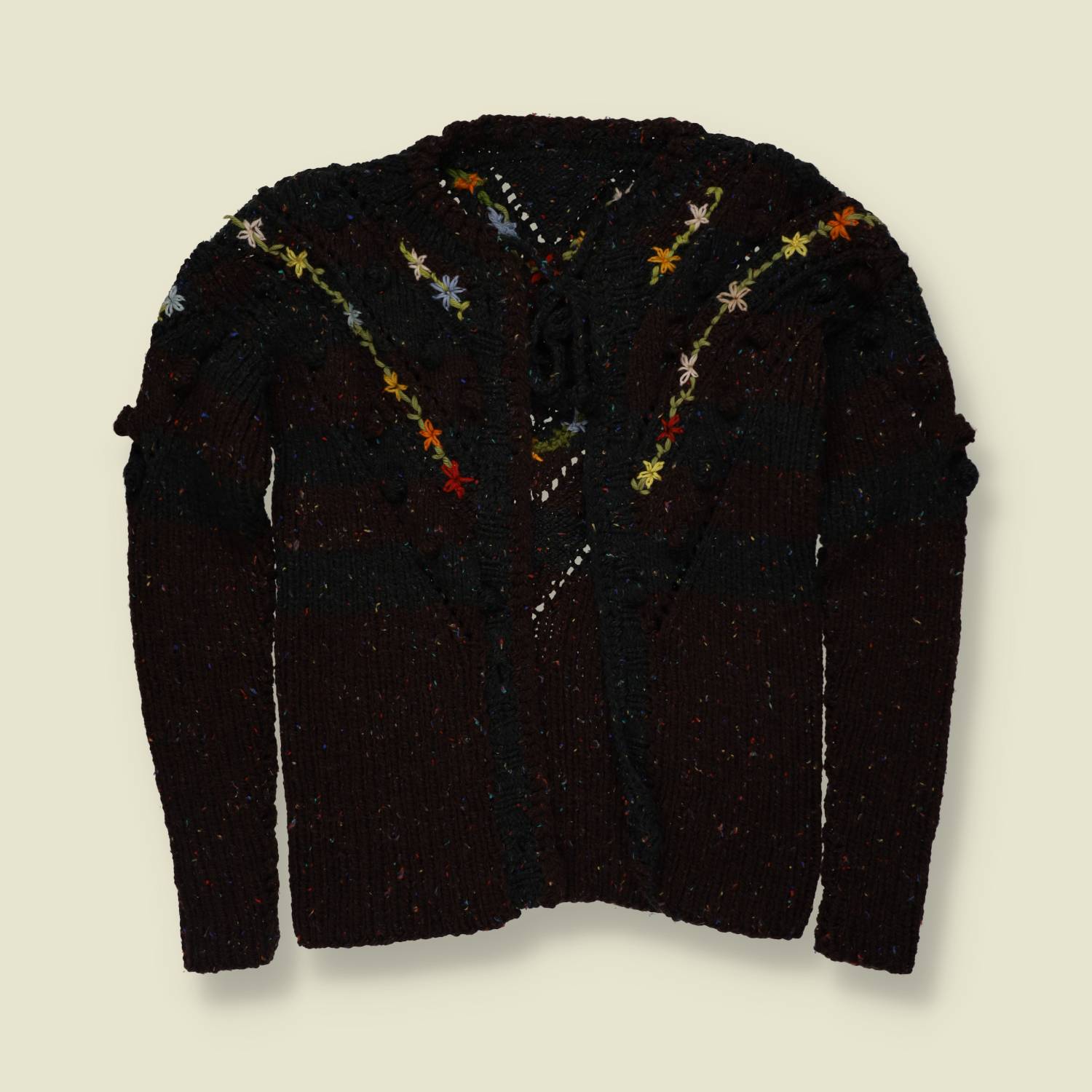1970s | Floral Hand Knitted Folk Cardigan - Black - 10