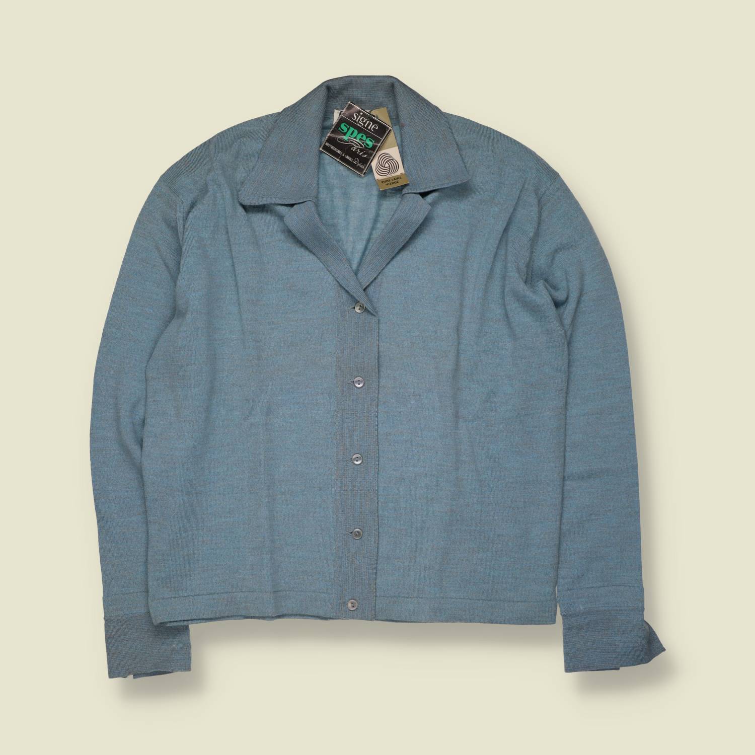 1970s | Signé Spes Paris | Blue Pure Wool Cardigan - Deadstock - Made in France - 16