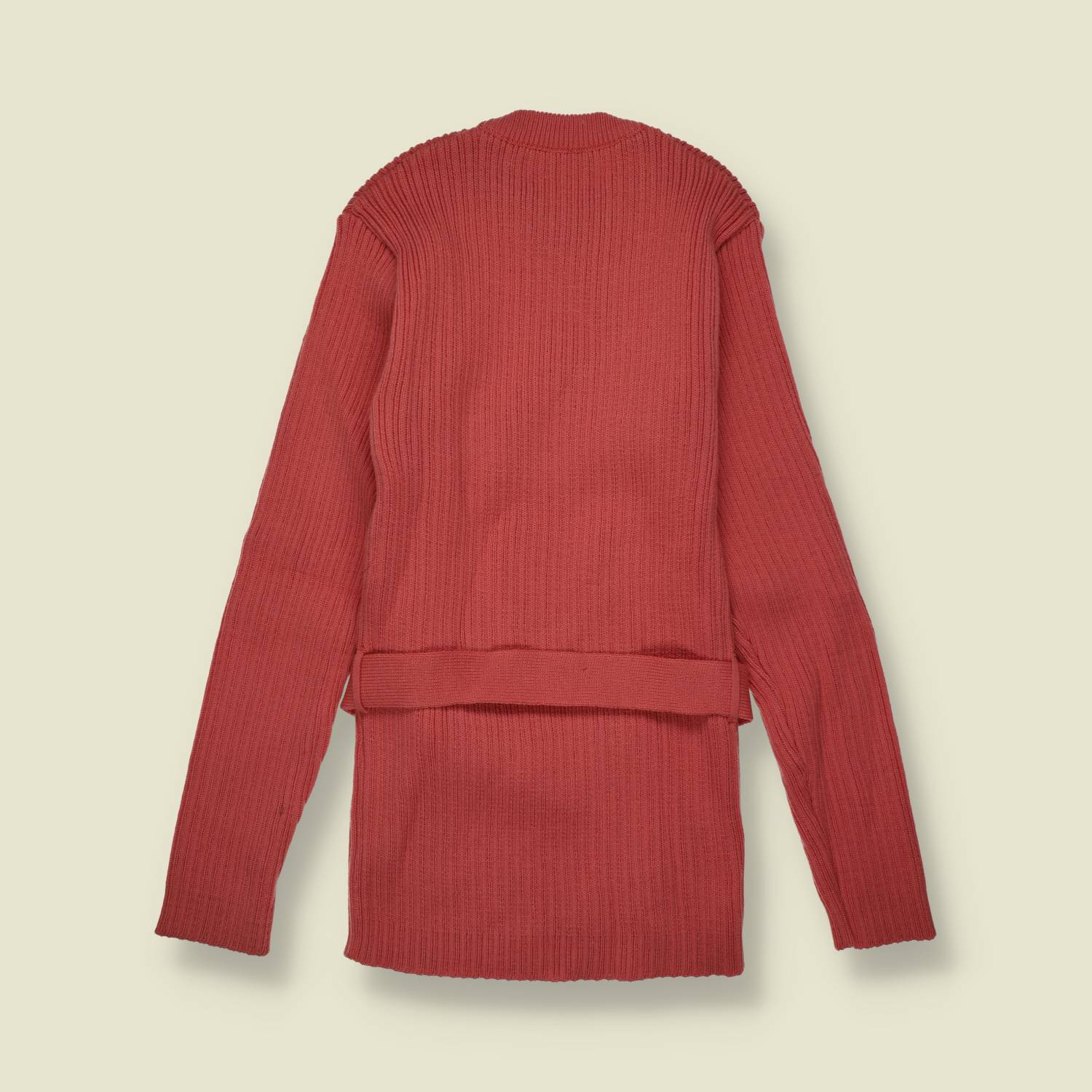1970s | Modern Style | Coral Ribbed Knit Belted Jumper - Deadstock - 4