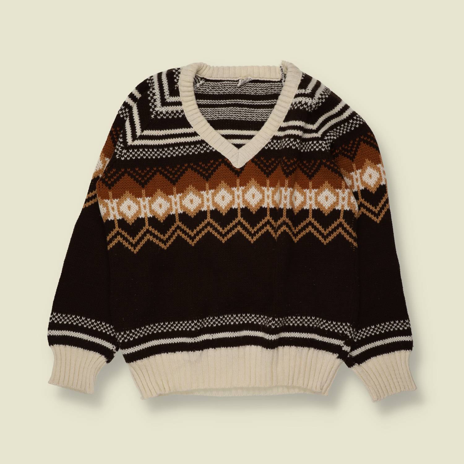 1970s | Fair Isle V-Neck Jumper - Brown - Made in Italy - 12