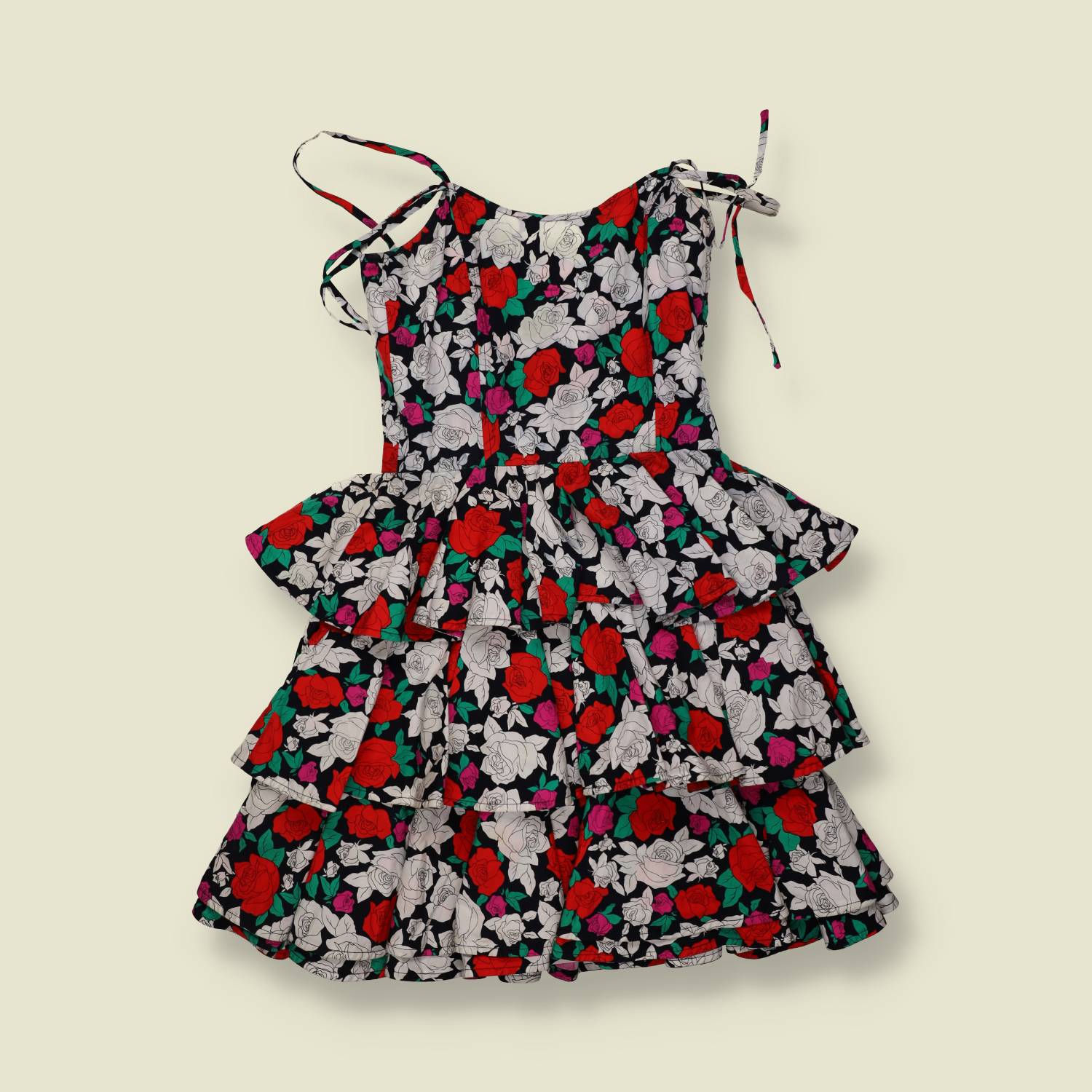 1990s | Rose Print Tiered Ruffle Mini Dress - Black - 6