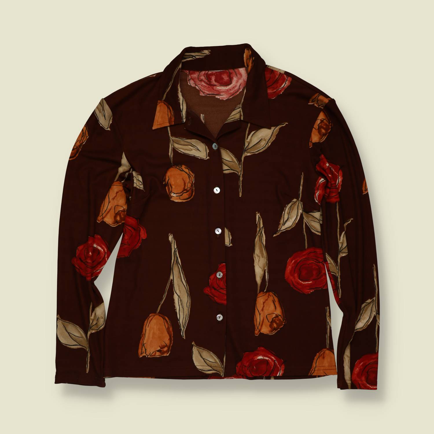 1970s | Rose Print Blouse - Brown - 10