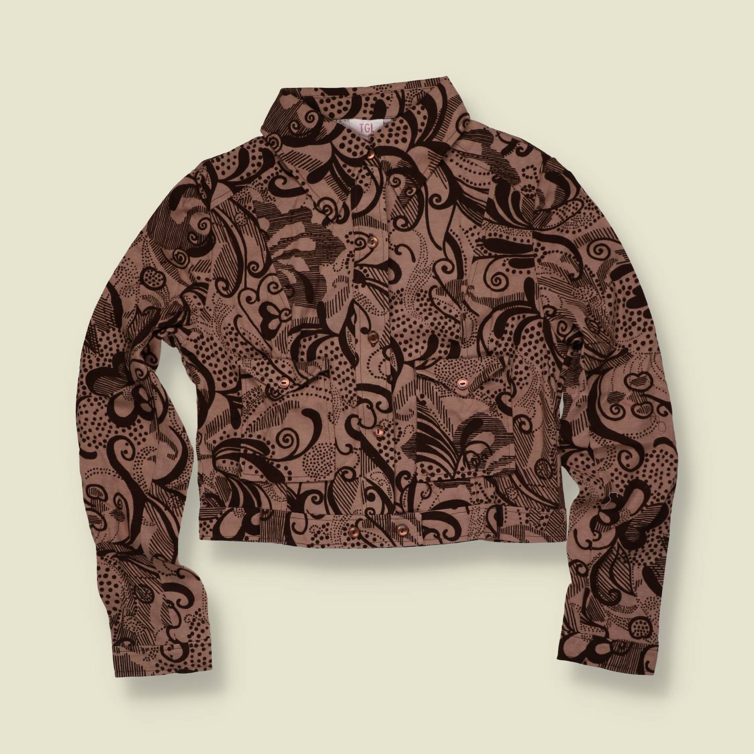 1970s | TGL | Abstract Print Cropped Blouse - Brown - 8