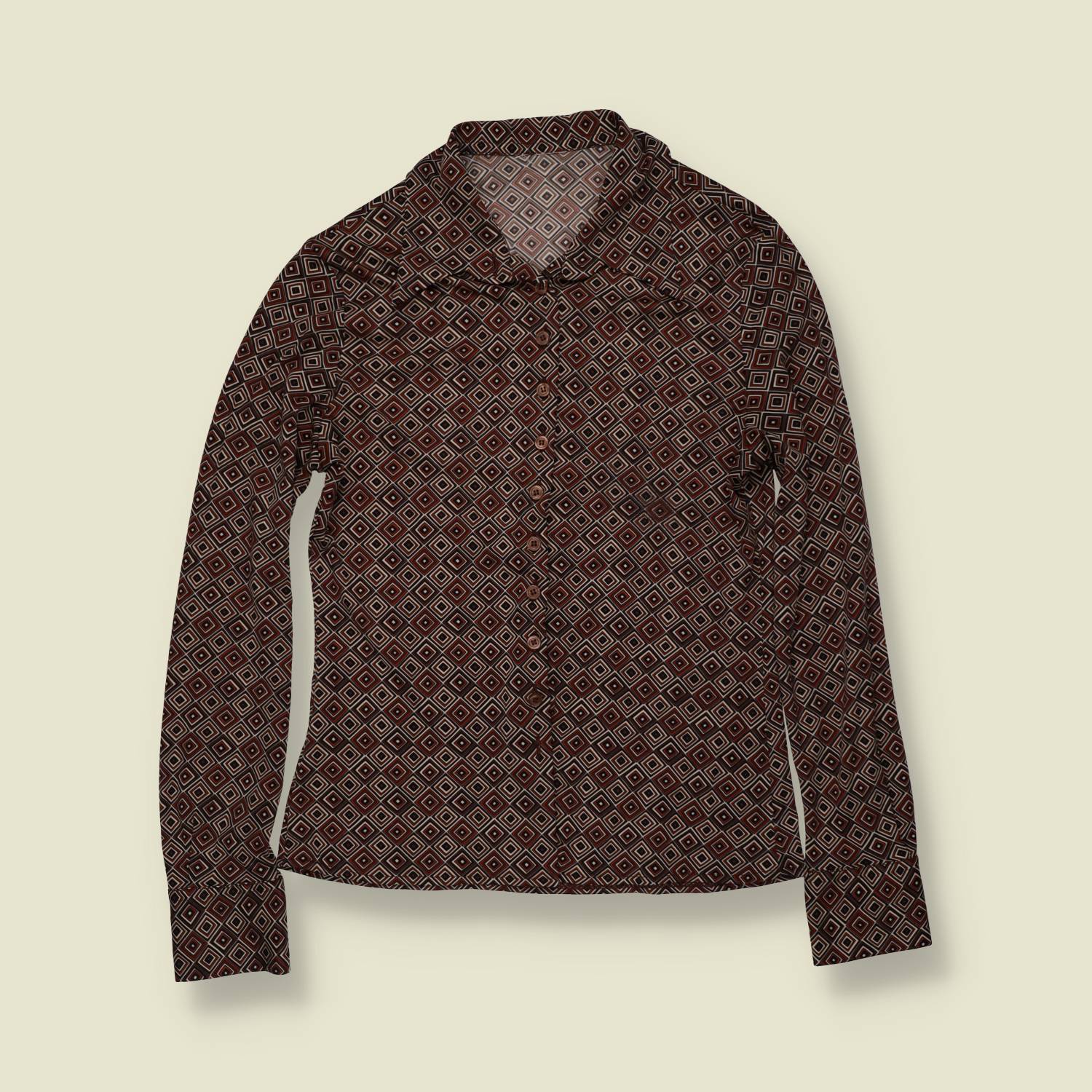 1970s | Geometric Print Blouse - Brown - 8