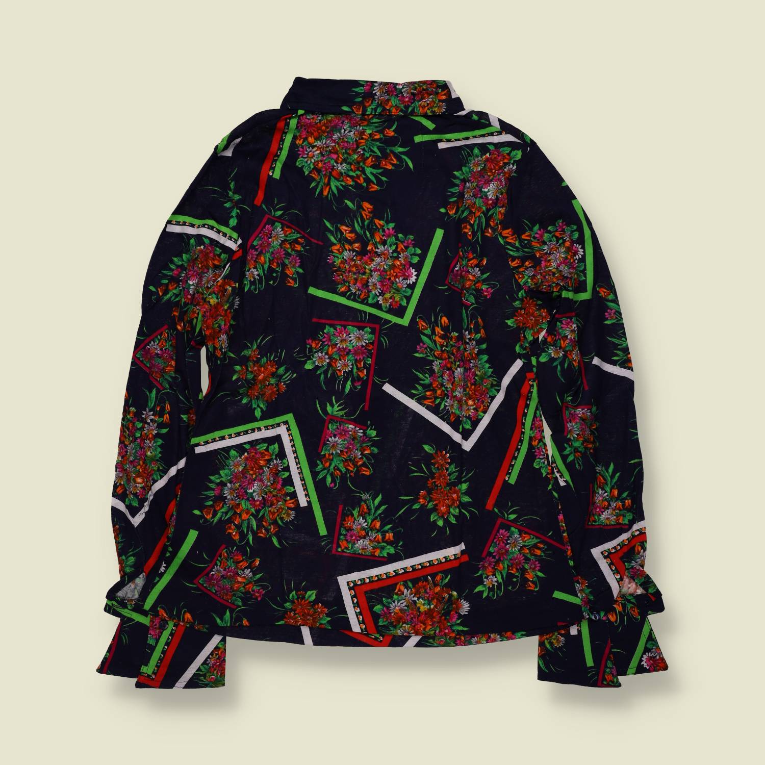 1970s | TGL | Floral Geometric Print Blouse - Black - Deadstock - 12