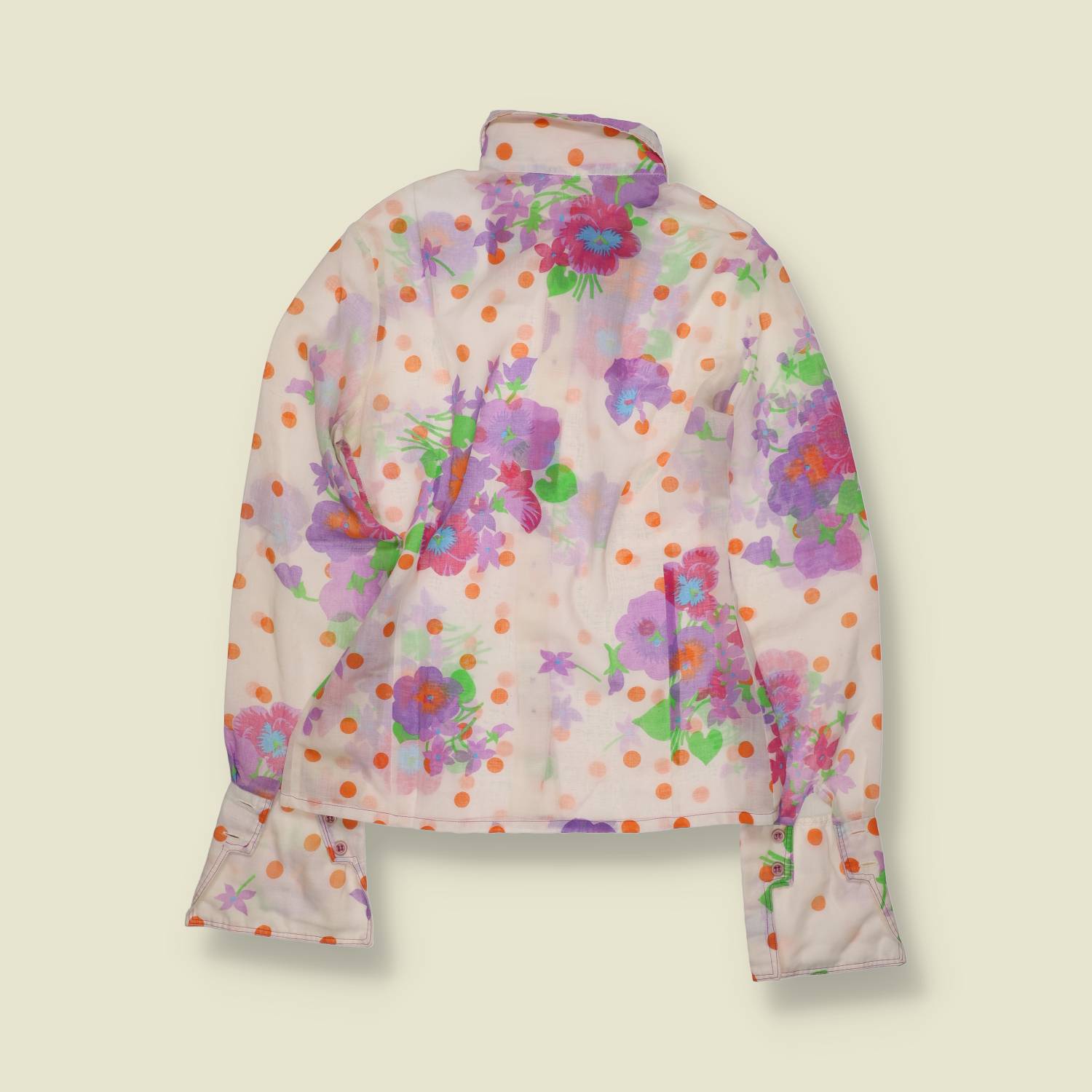 1970s | Dacron | Floral and Polka Dot Blouse - White - 8
