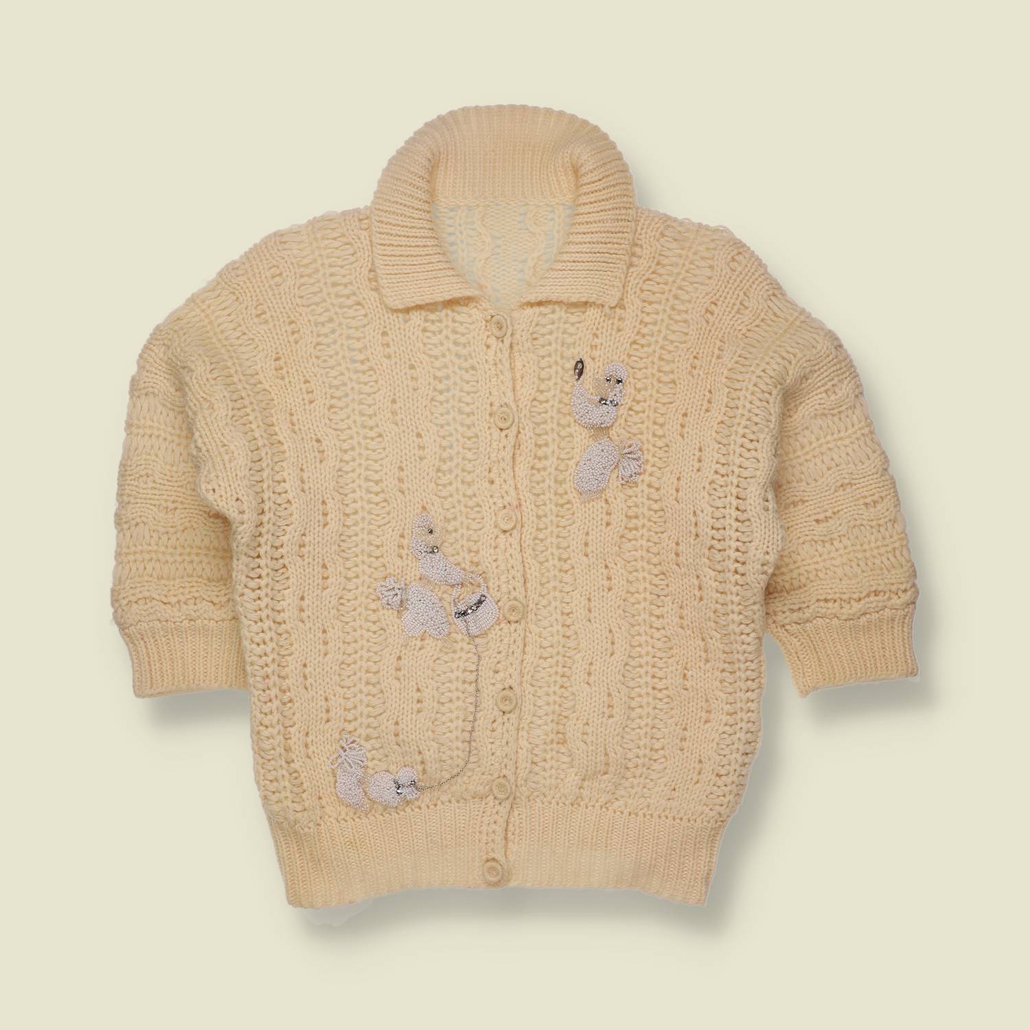 1950s | Poodle Embroidered Cable Knit Cardigan | Cream - 10