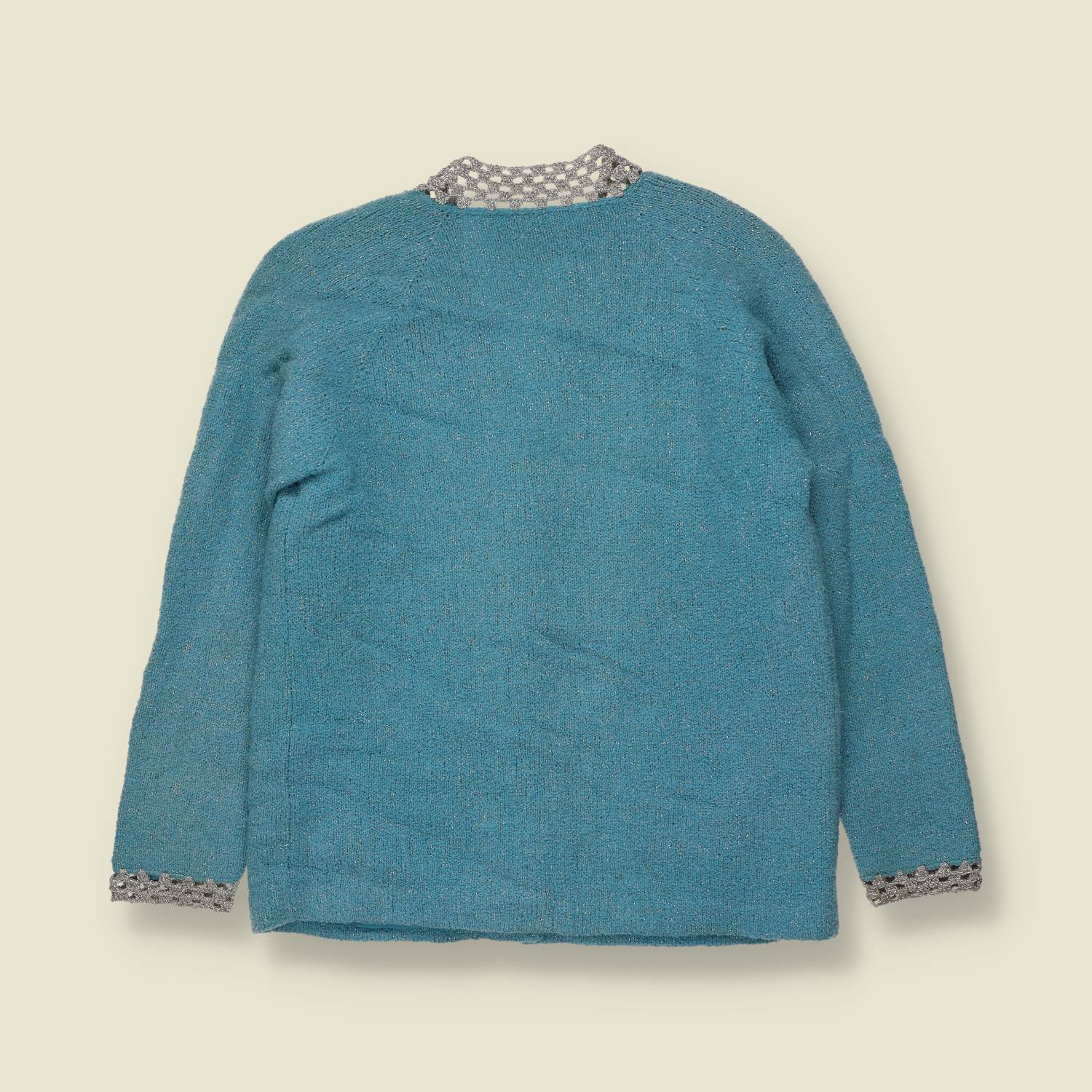 1950s-1960s | Pomme Chic | Lurex Trim Knit Cardigan | Teal - Made in Hong Kong - 10