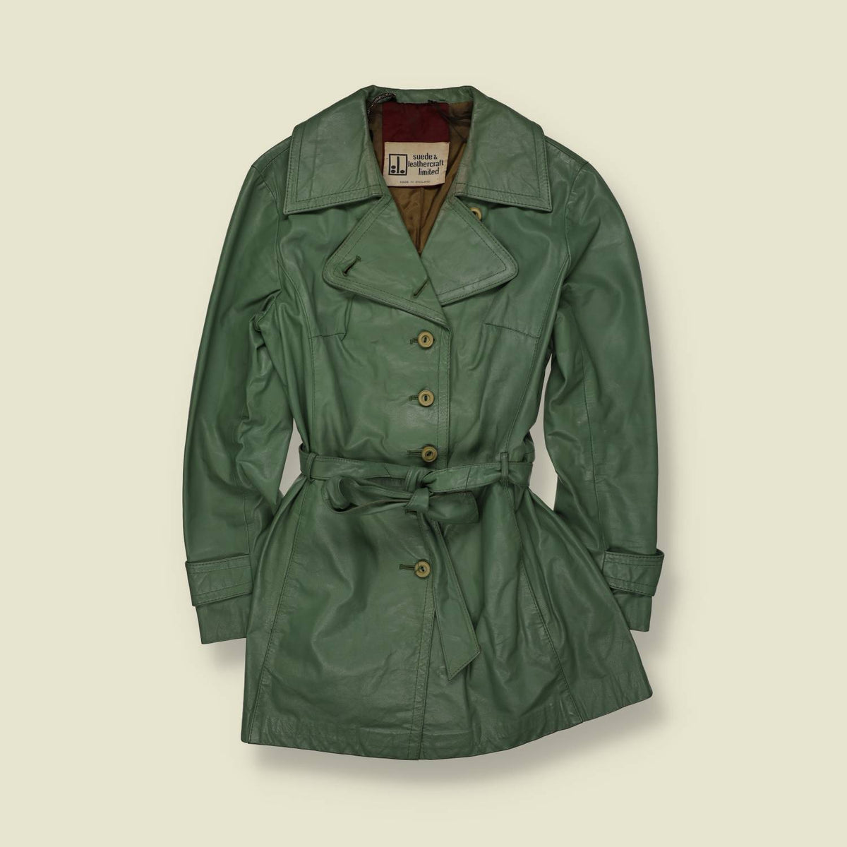 1970s | Made In England | Sage Green Leather Belted Coat - 8