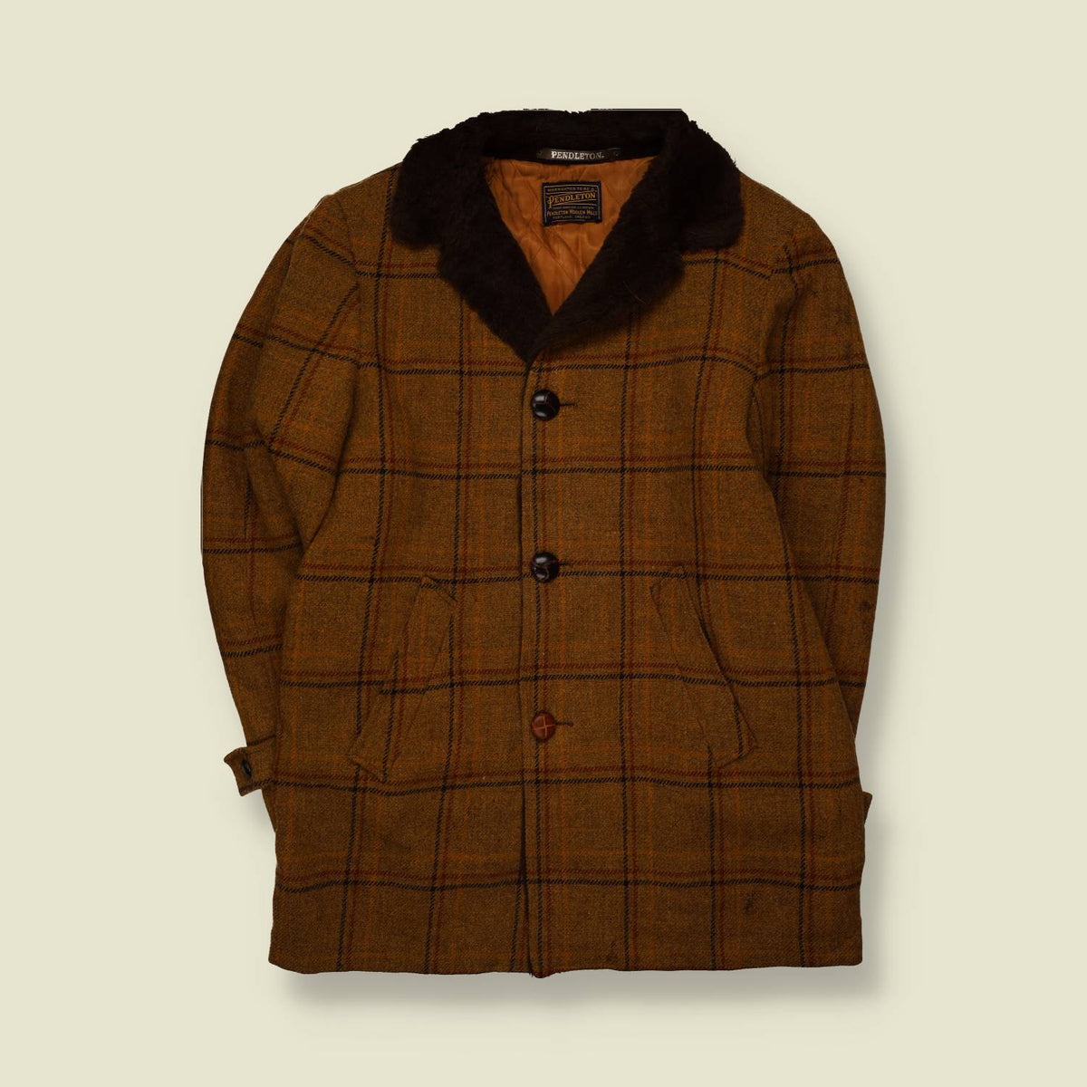 1950s | Pendleton | Brown Plaid Pile Collar Wool Coat - L