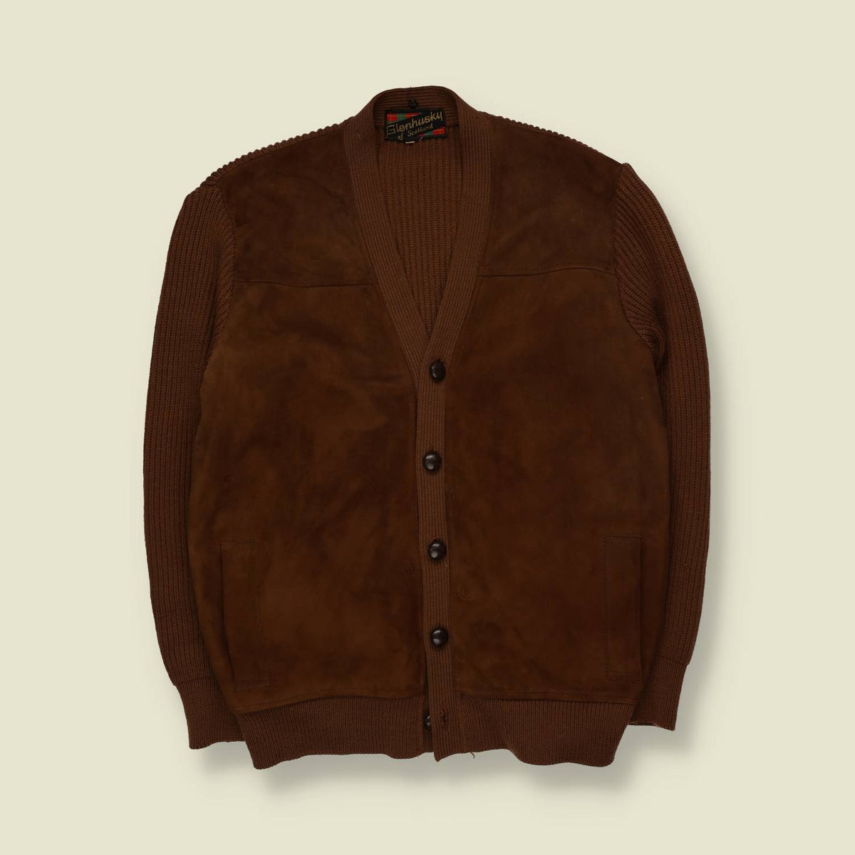 1960s | Glenhusky of Scotland | Leather Front Knit Cardigan - S