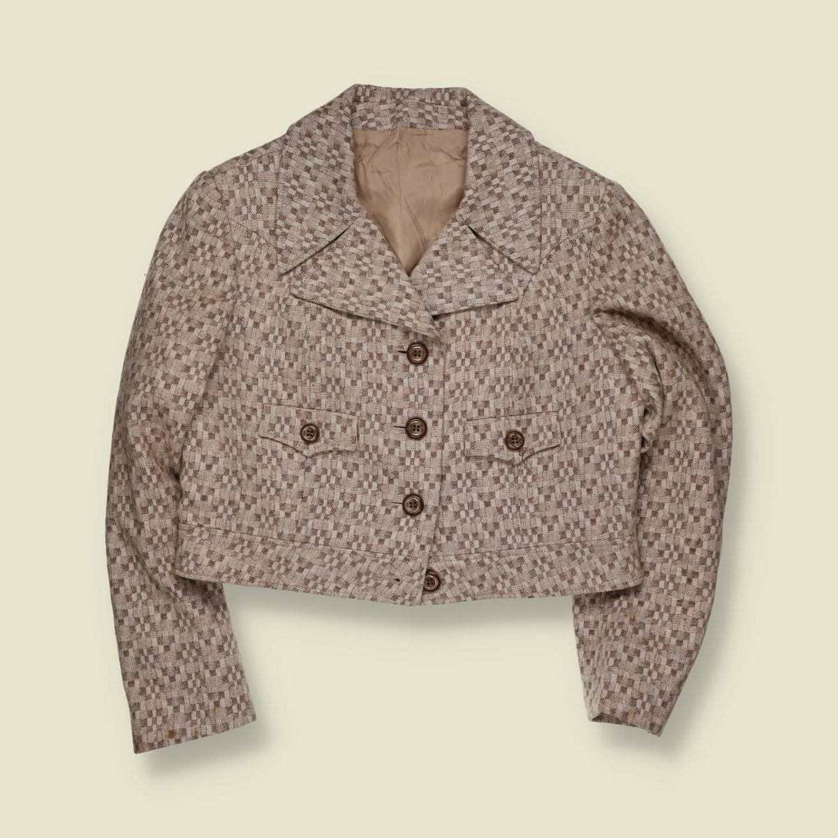 1970s | Cropped Check Jacket | Beige & Brown - 10