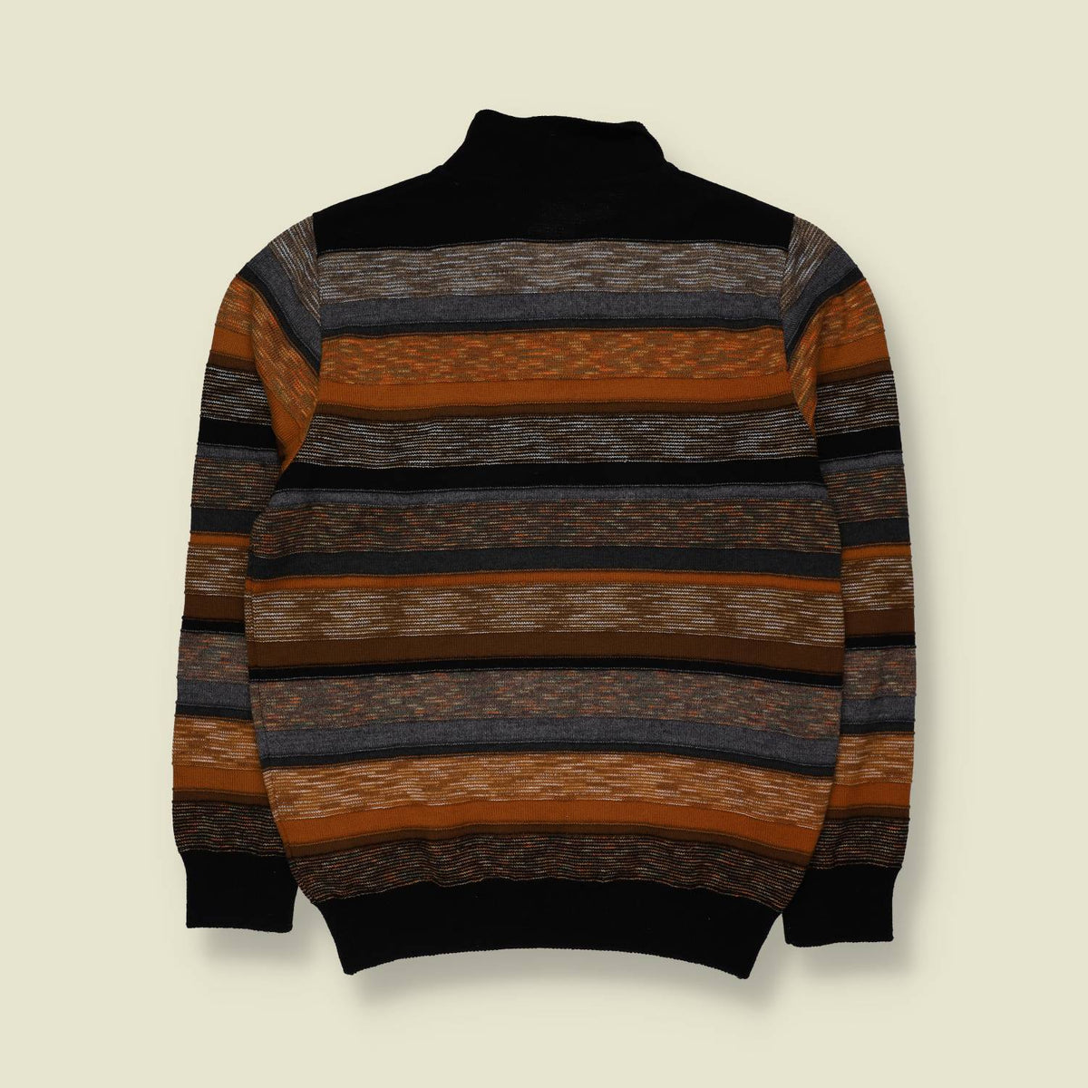 1990s | Striped Half-Zip Knit Sweater | Brown, Orange & Black - S