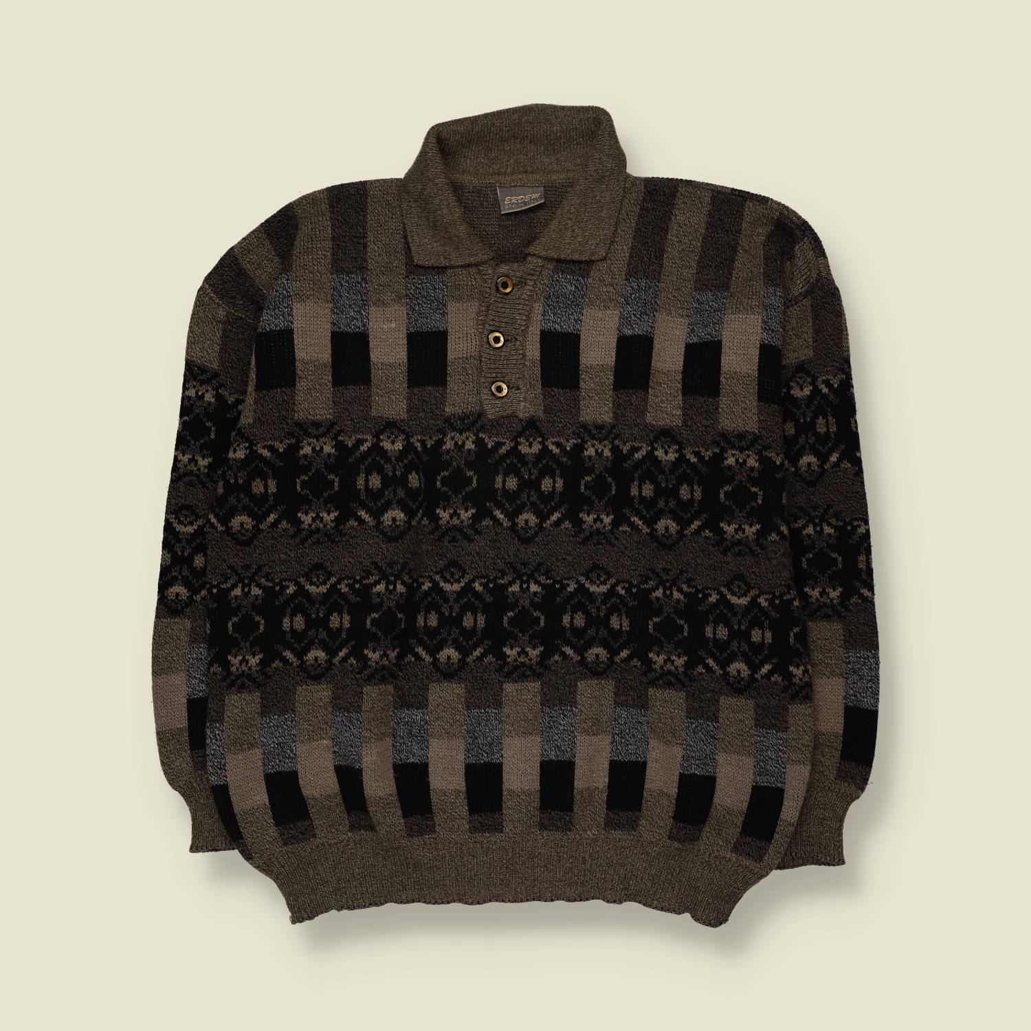 1980s | Erdem | Patterned Polo Knit Sweater | Brown & Black - L