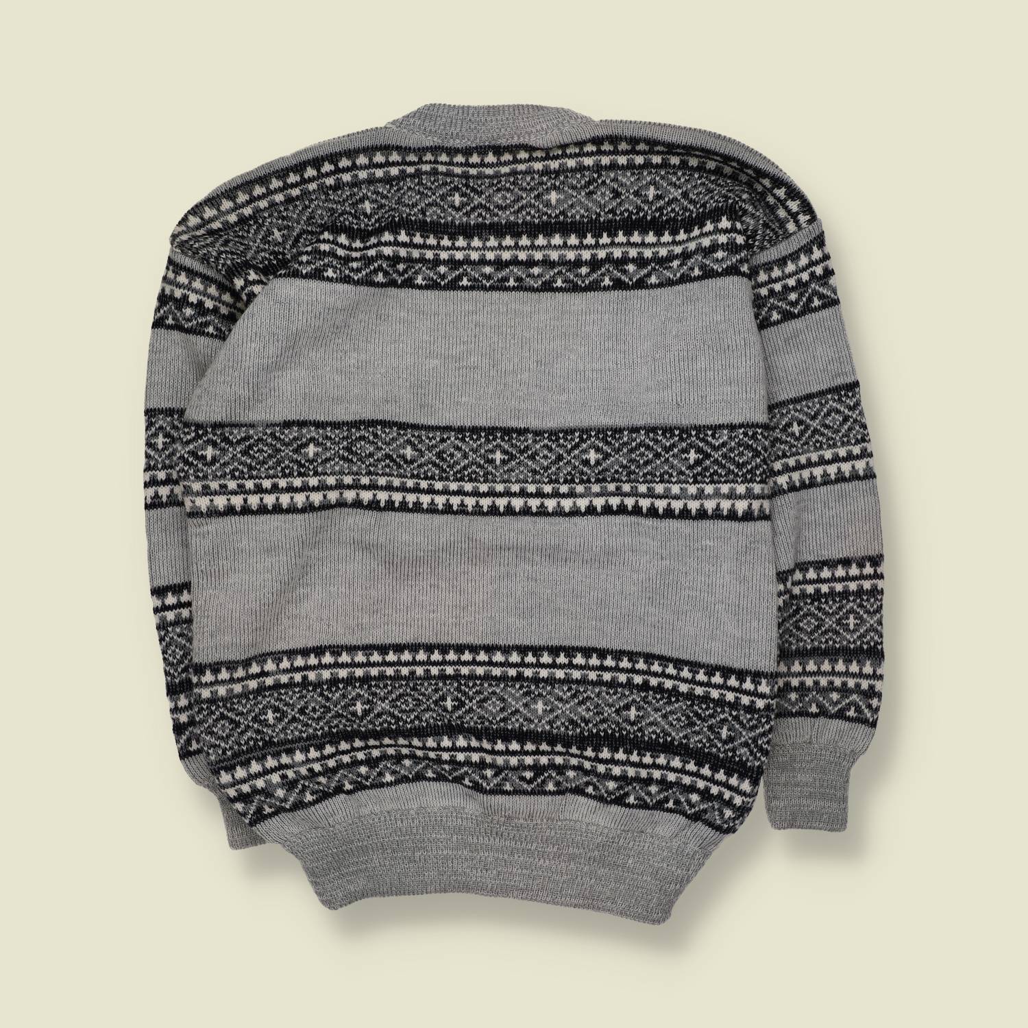 1980s | Neu | Fair Isle Knit Sweater | Grey, Black & Cream - M