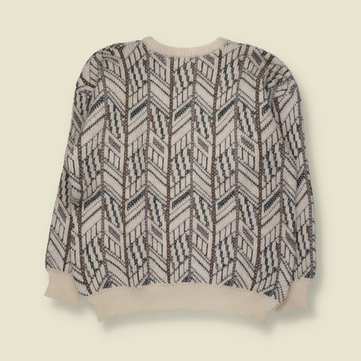 1980s | Geometric Pattern Knit Sweater | Cream, Brown & Grey - M