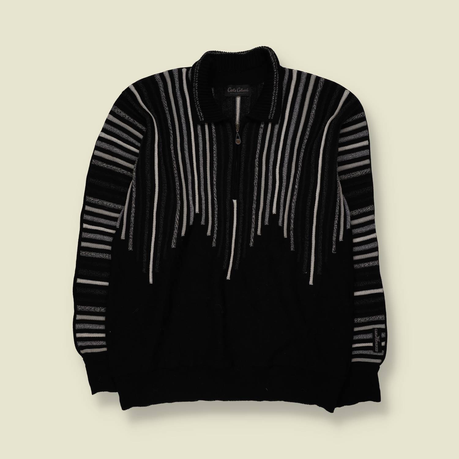 1980s | Carlo Colucci | Striped Half-Zip Knit Sweater | Black, Grey & White - L