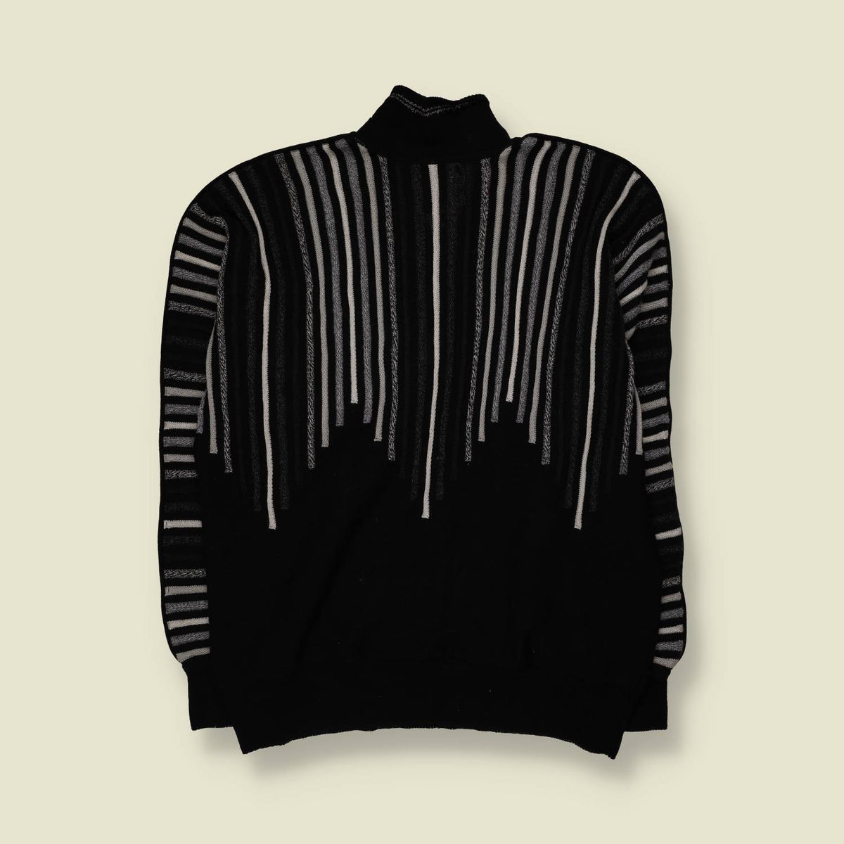 1980s | Carlo Colucci | Striped Half-Zip Knit Sweater | Black, Grey & White - L