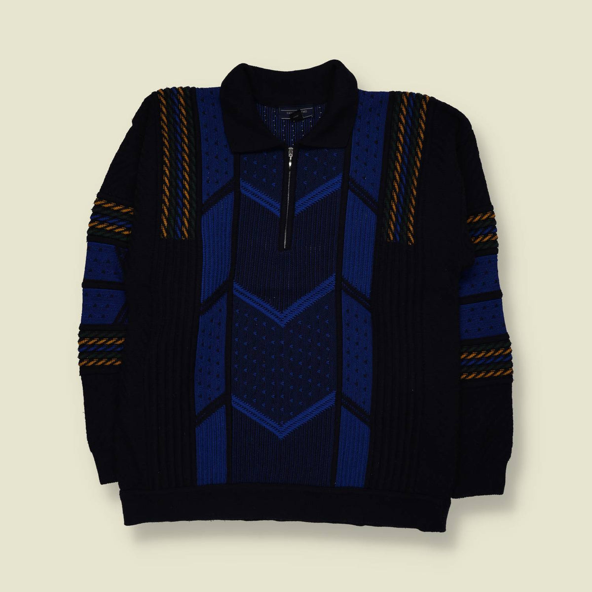 1980s | Geometric Half-Zip Knit Sweater | Blue, Black & Mustard - M