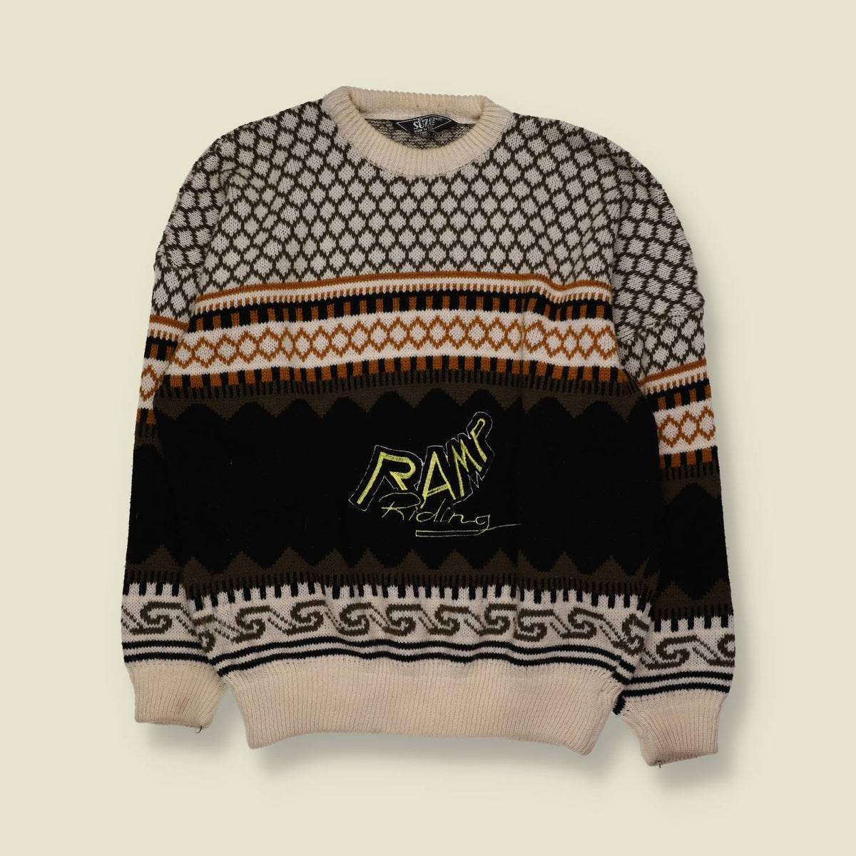 1980s | Suzi | Patterned Knit Sweater | Cream, Brown & Black - XL
